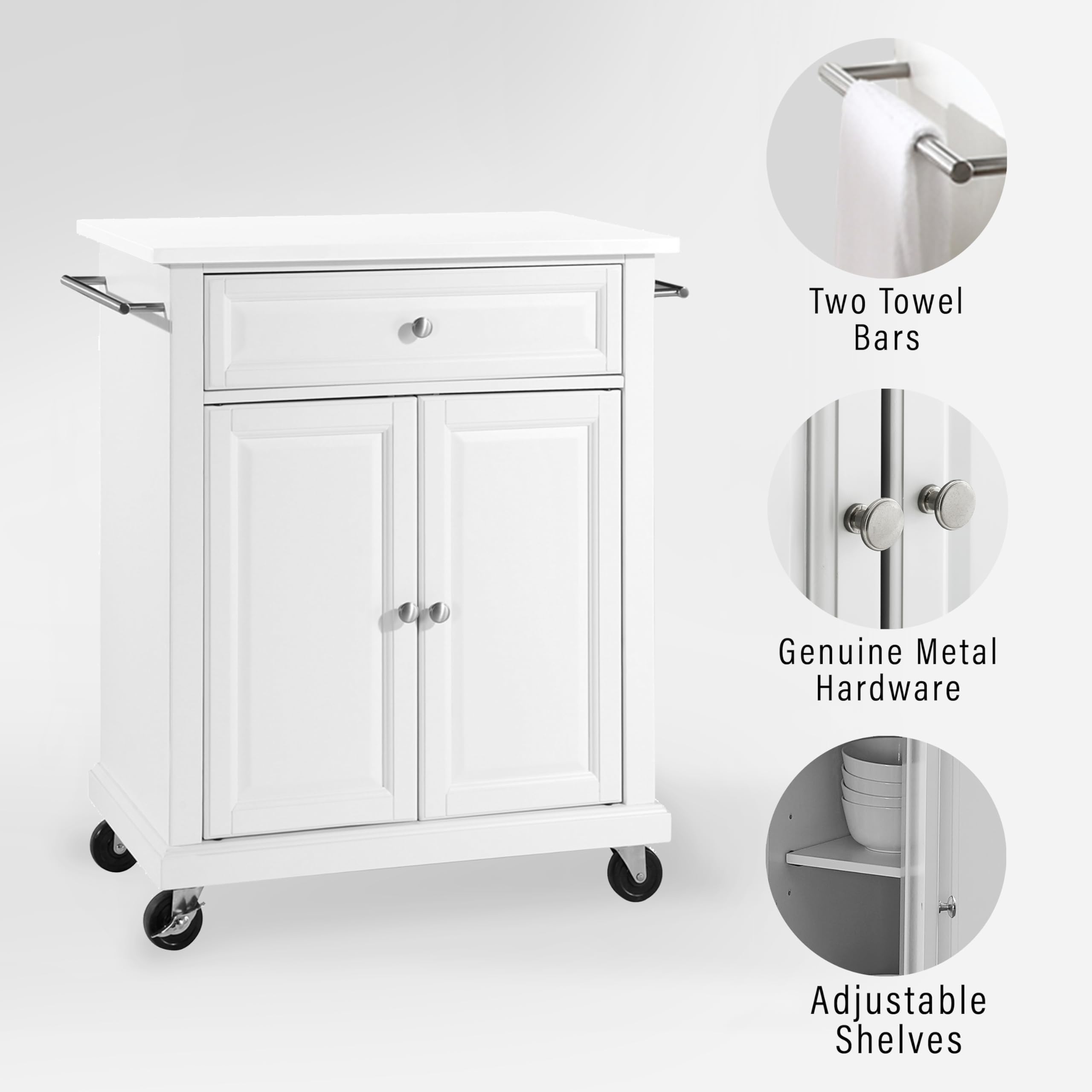Crosley Furniture Compact Stone Top Small Rolling Cart With Shelves, Microwave Stand With Towel Rack, White
