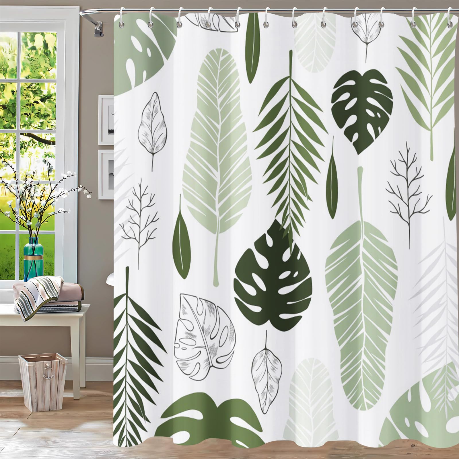 YiarTaan Shower Curtain,Green Leaf Shower Curtains for Bathroom,Green Palm Leaf Abstract Plant Botanical Shower Curtain Set,Wate