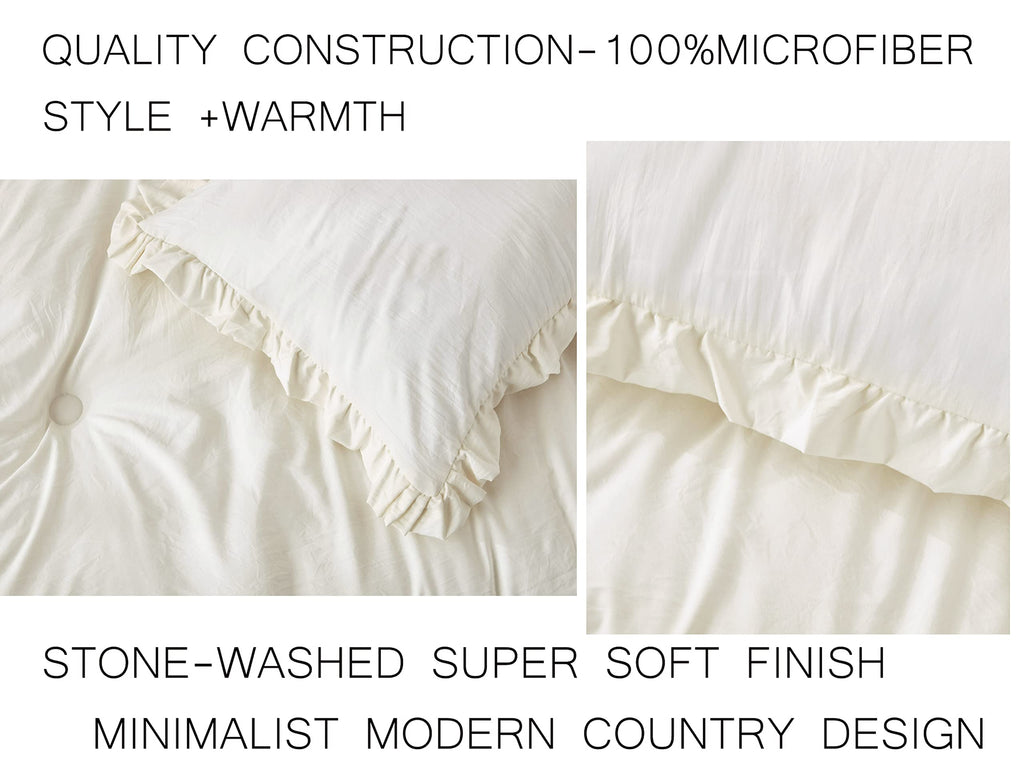 Chezmoi Collection Nora 3-Piece Ruffled Edge Trim Soft Washed Microfiber Comforter Set (Oversized Queen, Ivory)