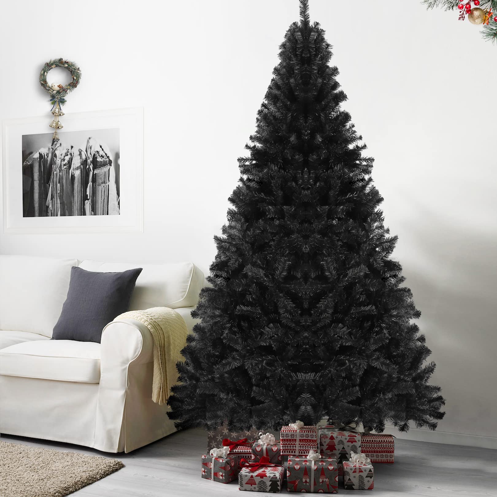 7.5FT Black Artificial Halloween Tree, Unlit Full Holiday Christmas Tree Premium Hinged Spruce Xmas Tree with 1346 Branch Tips a