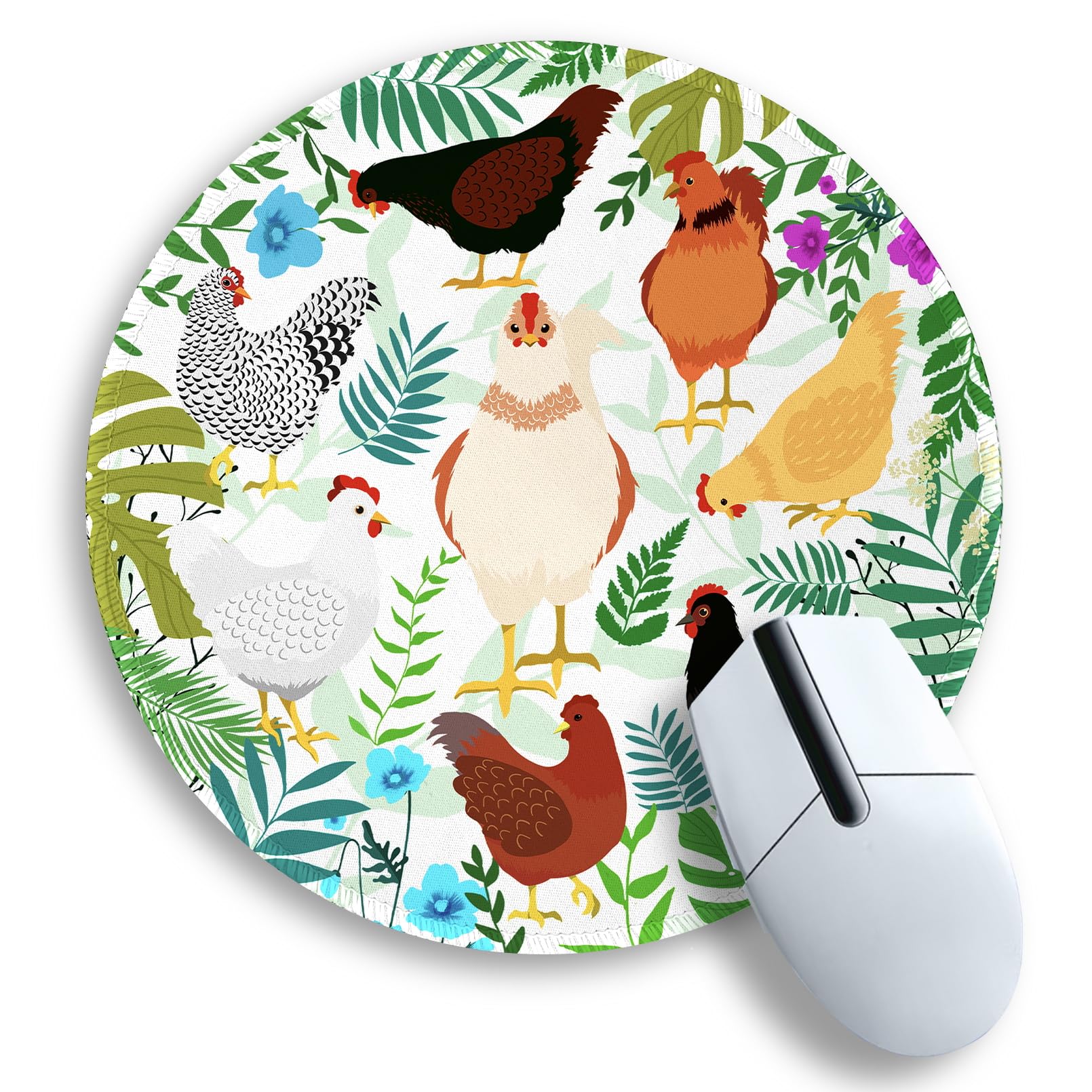 Gctriki Chicken Mouse Pad For Desk, Cute Office Decor For Women, Small Round Mousepad, Stitched Edge Non-Slip Rubber Base, Perso