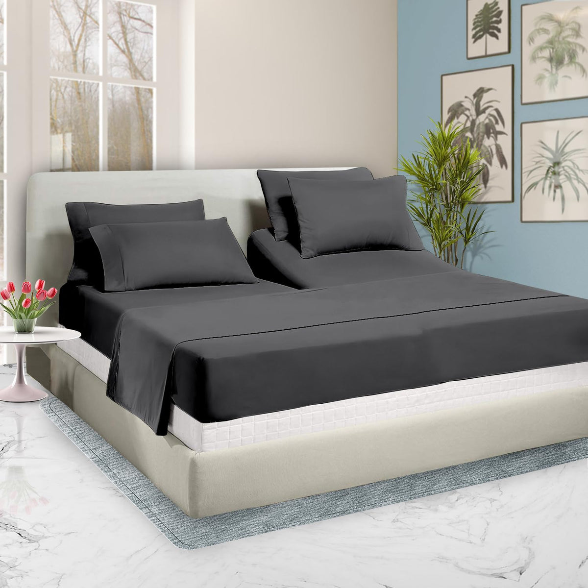 34 Inch Top Split King Flex Head Sheet Set For Sleep Number Beds -1000 Thread Count Egyptian Cotton Sheet Set Dark Gray Solid Fi