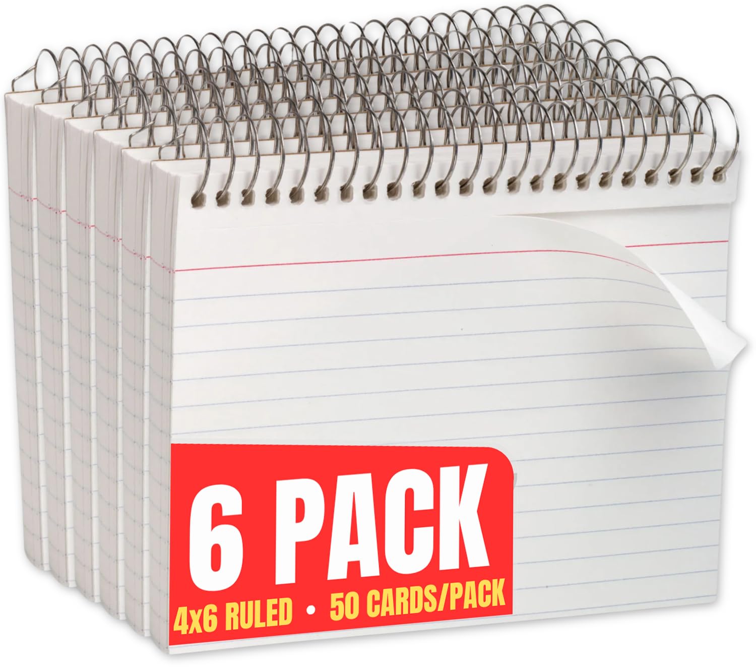 1Intheoffice 4X6 Spiral Bound Index Cards, Ruled Index Card, Lined Index Card, White, 50 Cards/Pack, 6 Pack