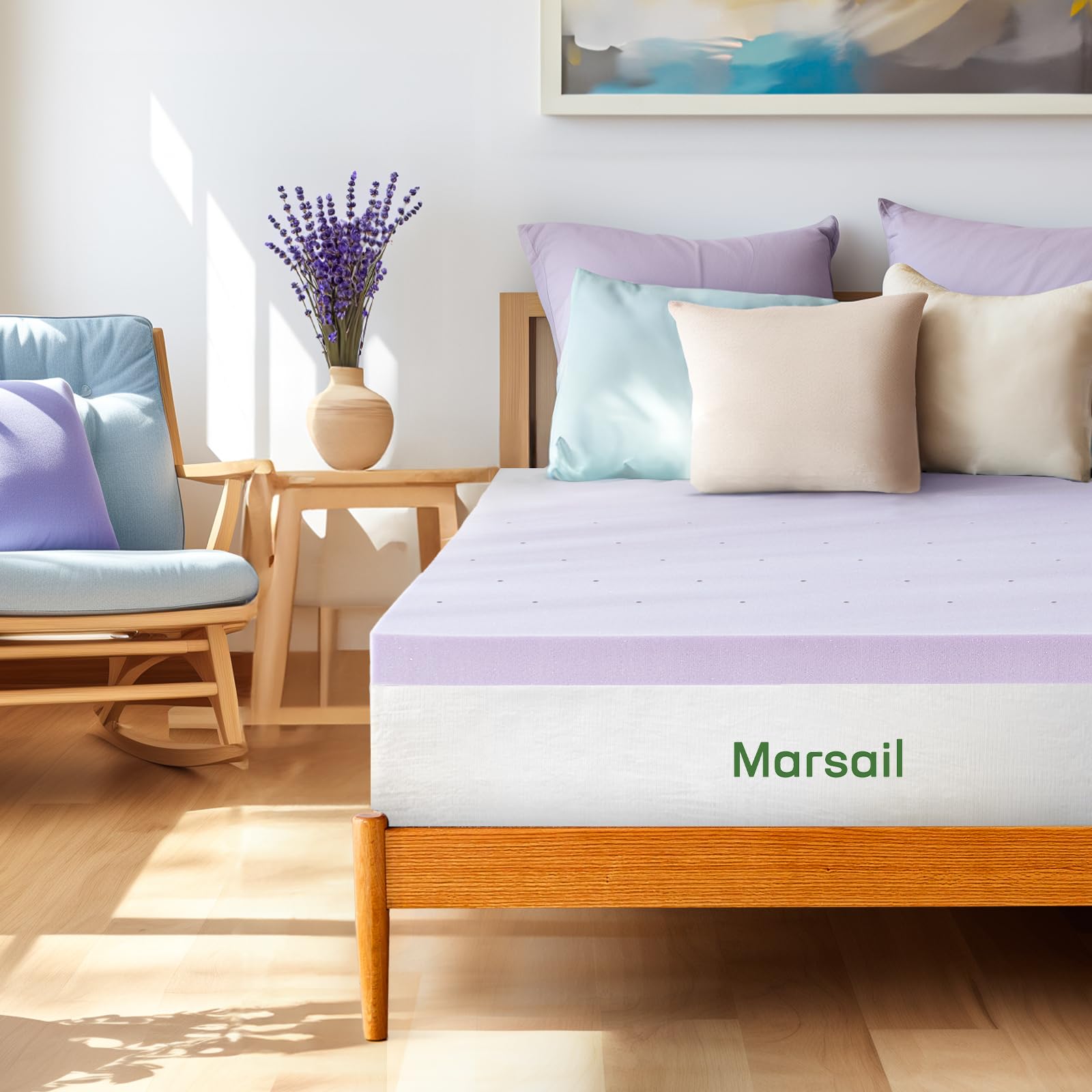 Marsail 3 Inch Queen Memory Foam Mattress Topper With Lavender Scent, Gel Infused Cooling Mattress Topper, Soft Mattress Topper