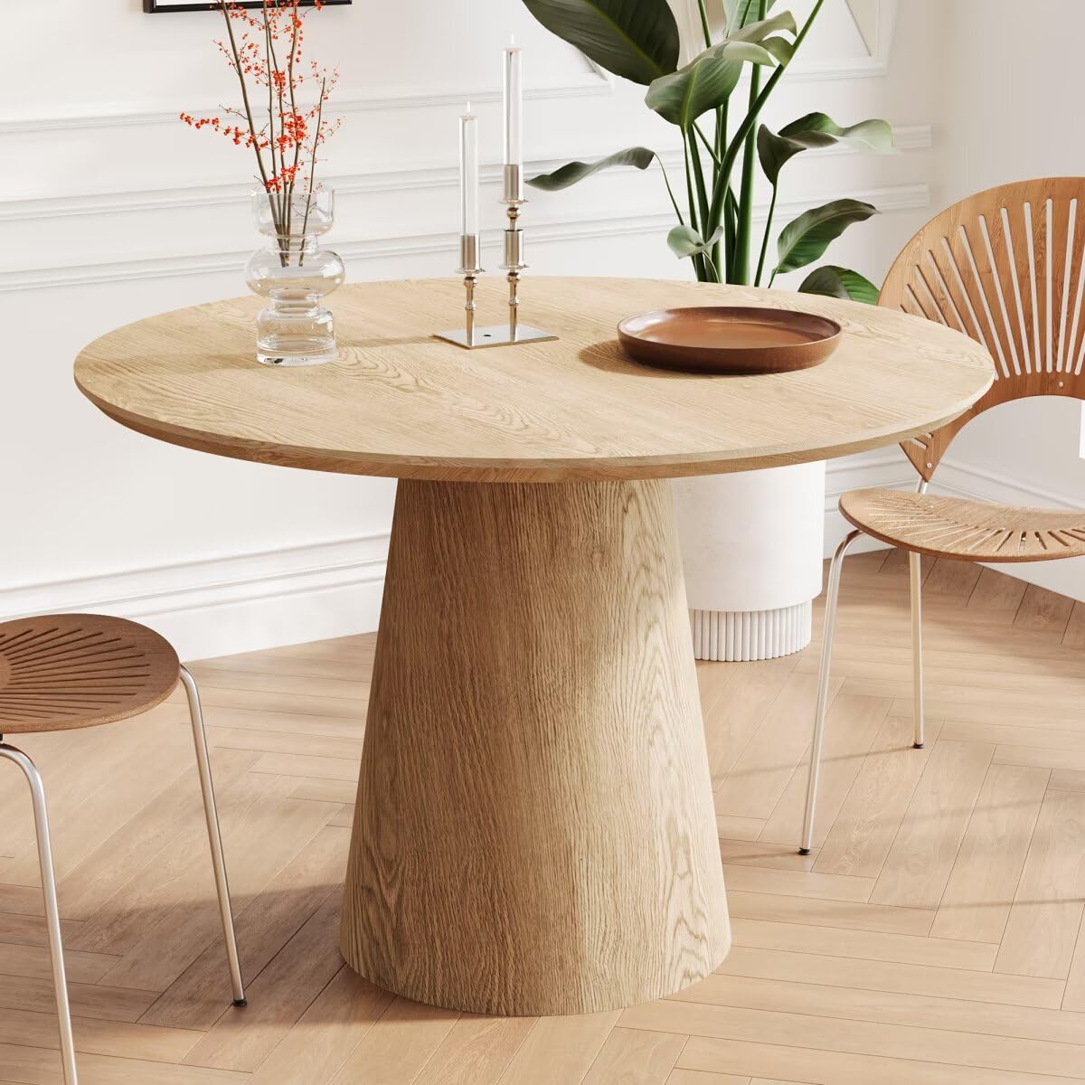 43' Round Dining Table For 4, Modern Farmhouse Kitchen Table, Minimalist Round Table Circle Dining Tables With Wood Strip Base
