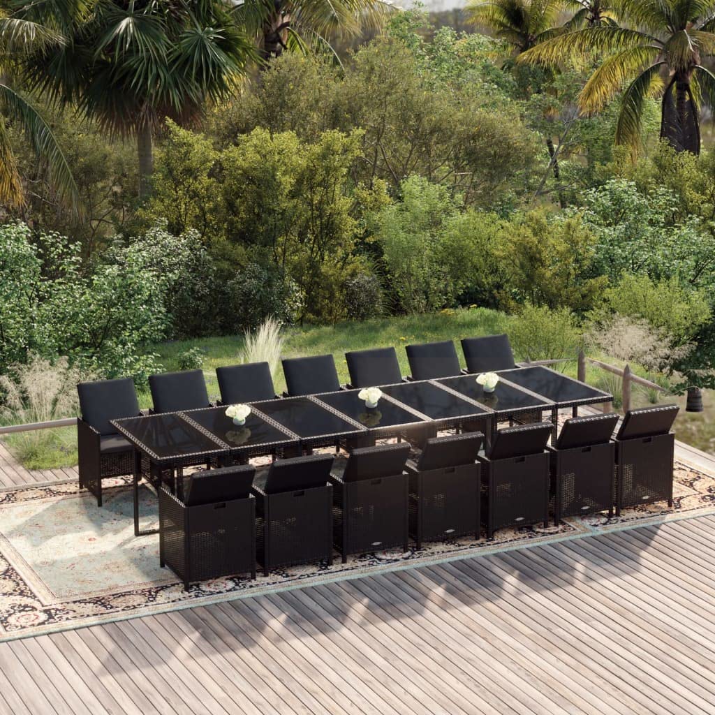 vidaXL Patio Dining Set 15 Piece with Cushions Garden Outdoor Terrace Balcony Dining Dinner Dinette Table and Chair Furniture Poly Rattan Black