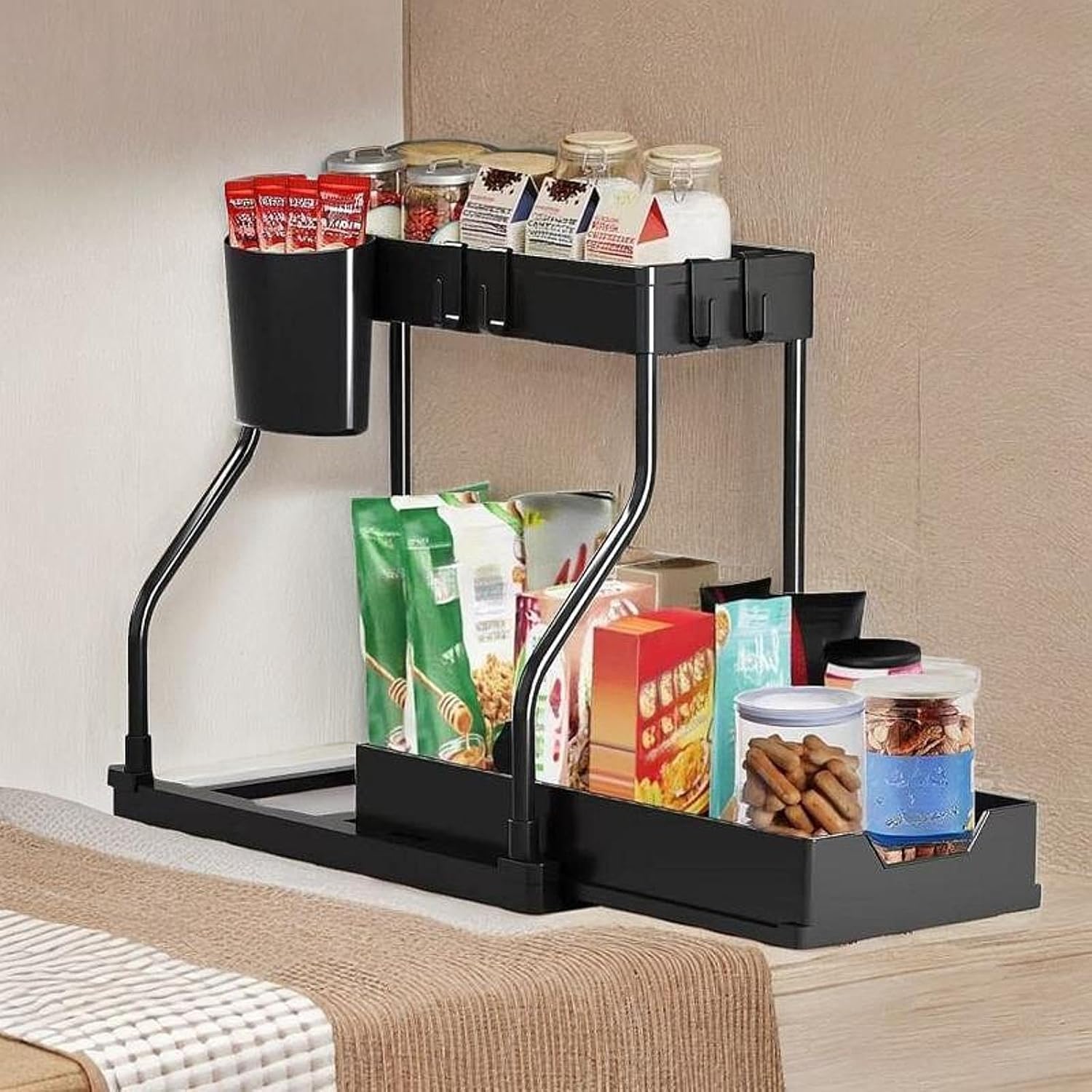 Enncozy 1 Pack Organizer Pull Out Under Sink Organizers And Storage, 2Tier MultiUse Bathroom Under Sink Shelf With Sliding Dra