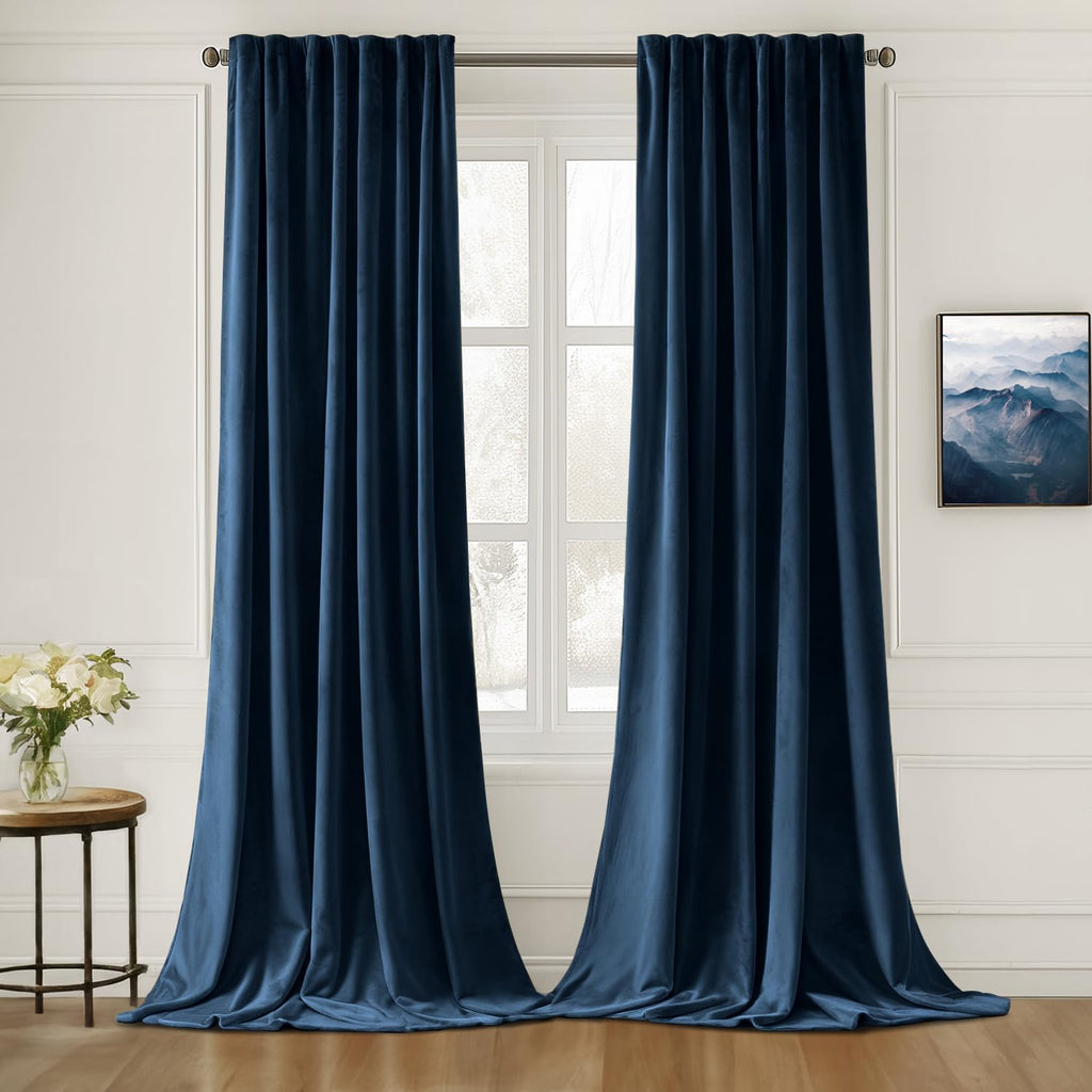 MIULEE Navy Blue Velvet Curtains 90 inches Long 2 Panels - Luxury Pinch Pleated Room Darkening Window Drapes for Bedroom Living 