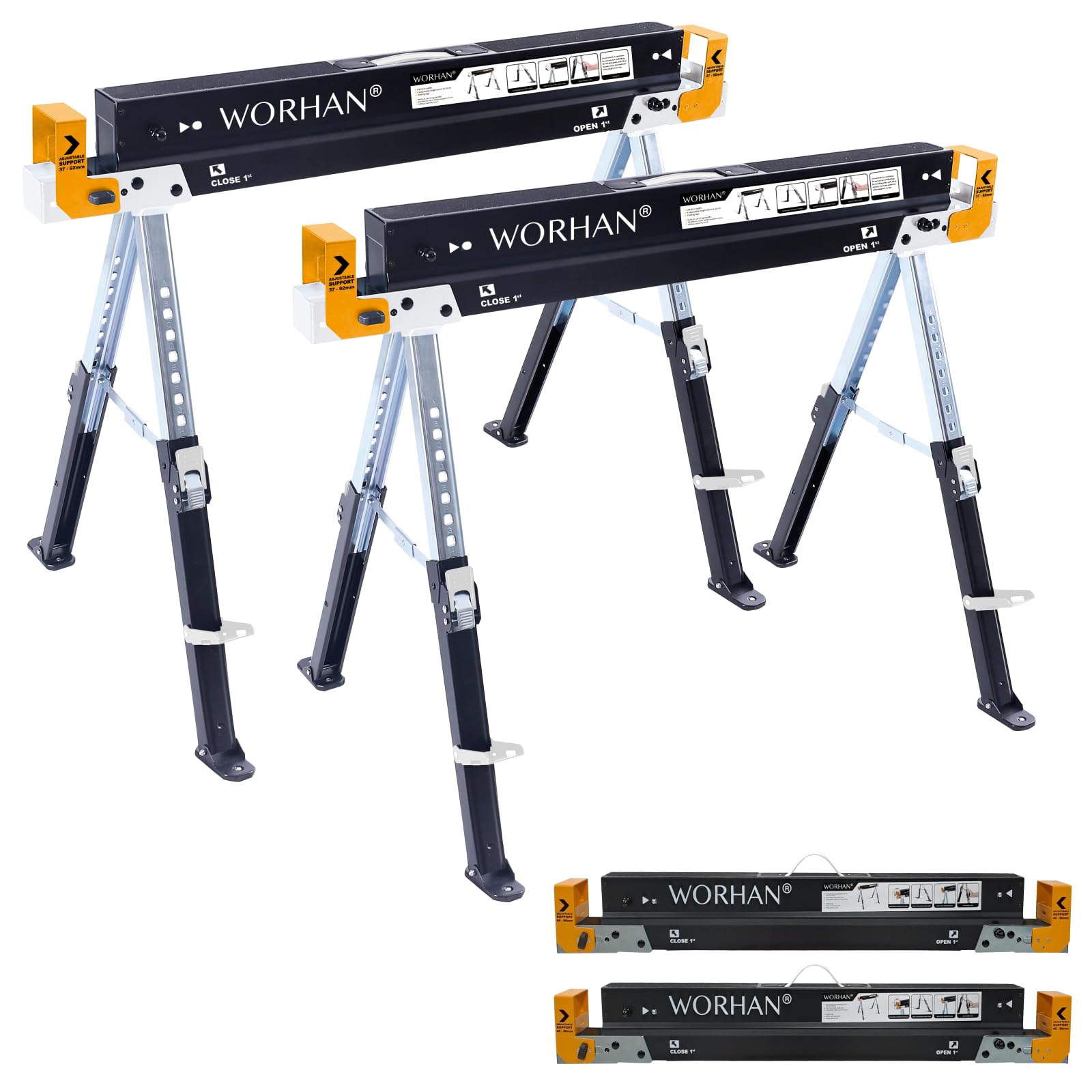 WORHAN Sawhorse Twinpack 2600 lbs Jobsite Table Folding Quickly Adjustable Legs Support Arms Sawing Non Slip Trestle Sawmule Ste