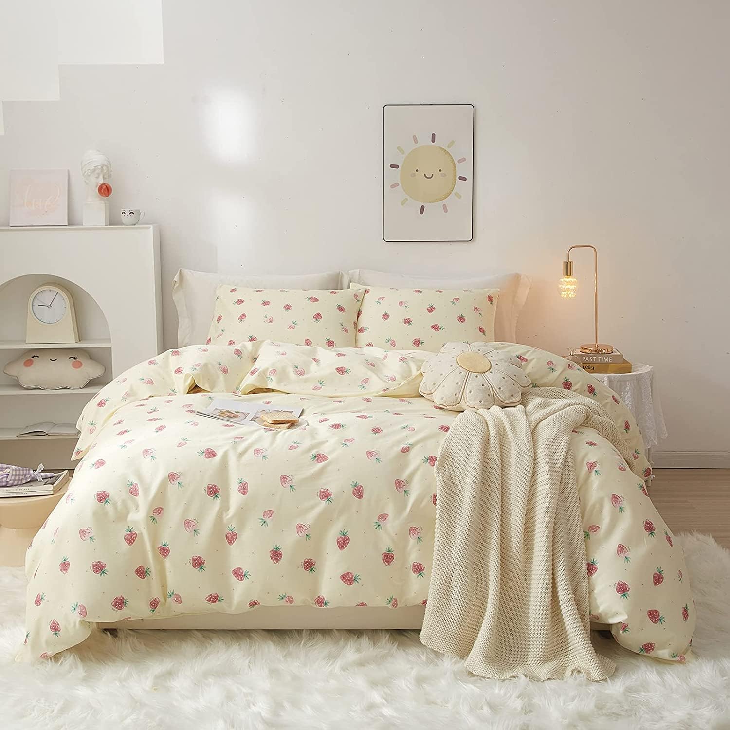 Lifetb Cute Strawberry Duvet Cover Twin Xl Soft Cotton Kawaii Strawberry Bedding Sets Kids Girls Bedroom Decor Fresh Small Straw