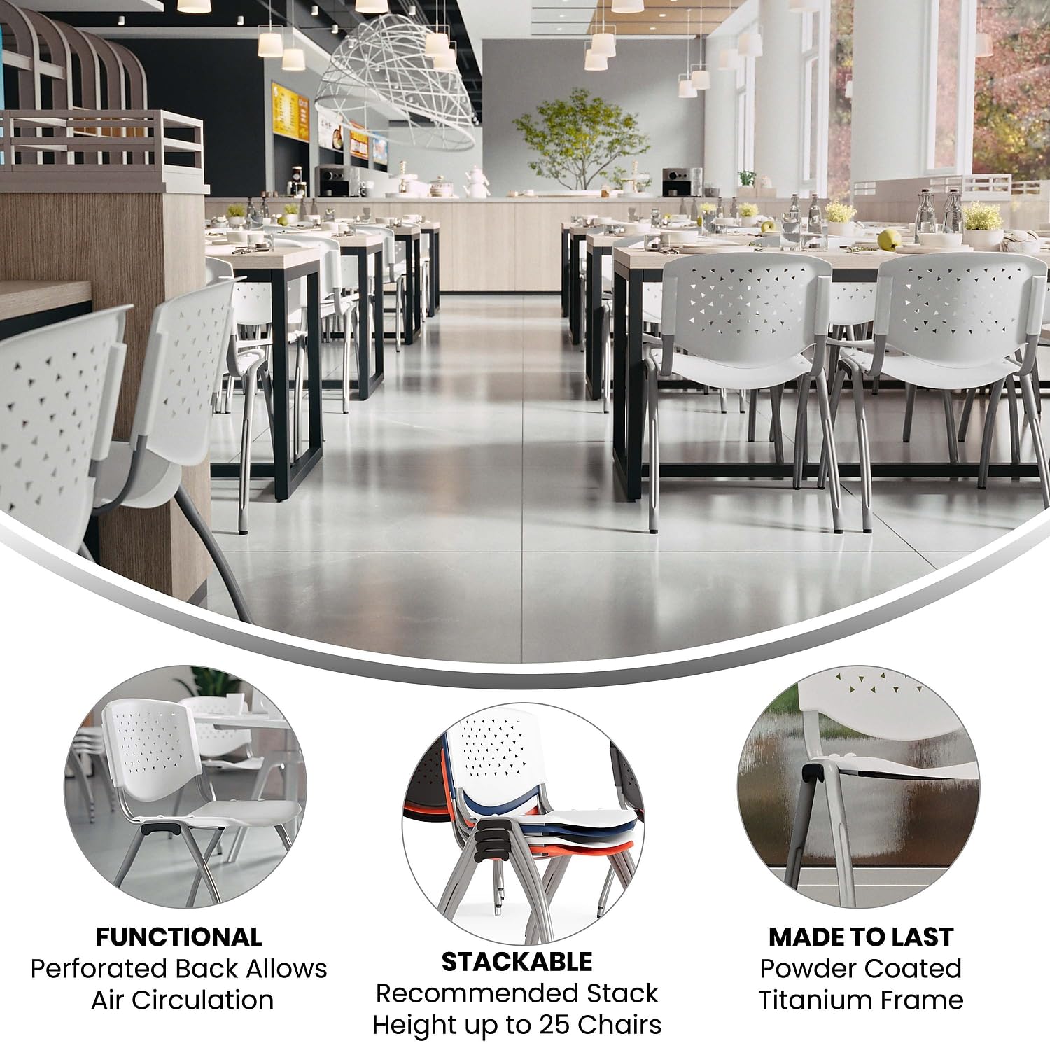 Flash Furniture Hercules Series 880 Lb. Capacity White Plastic Stack Chair With Titanium Gray Powder Coated Frame