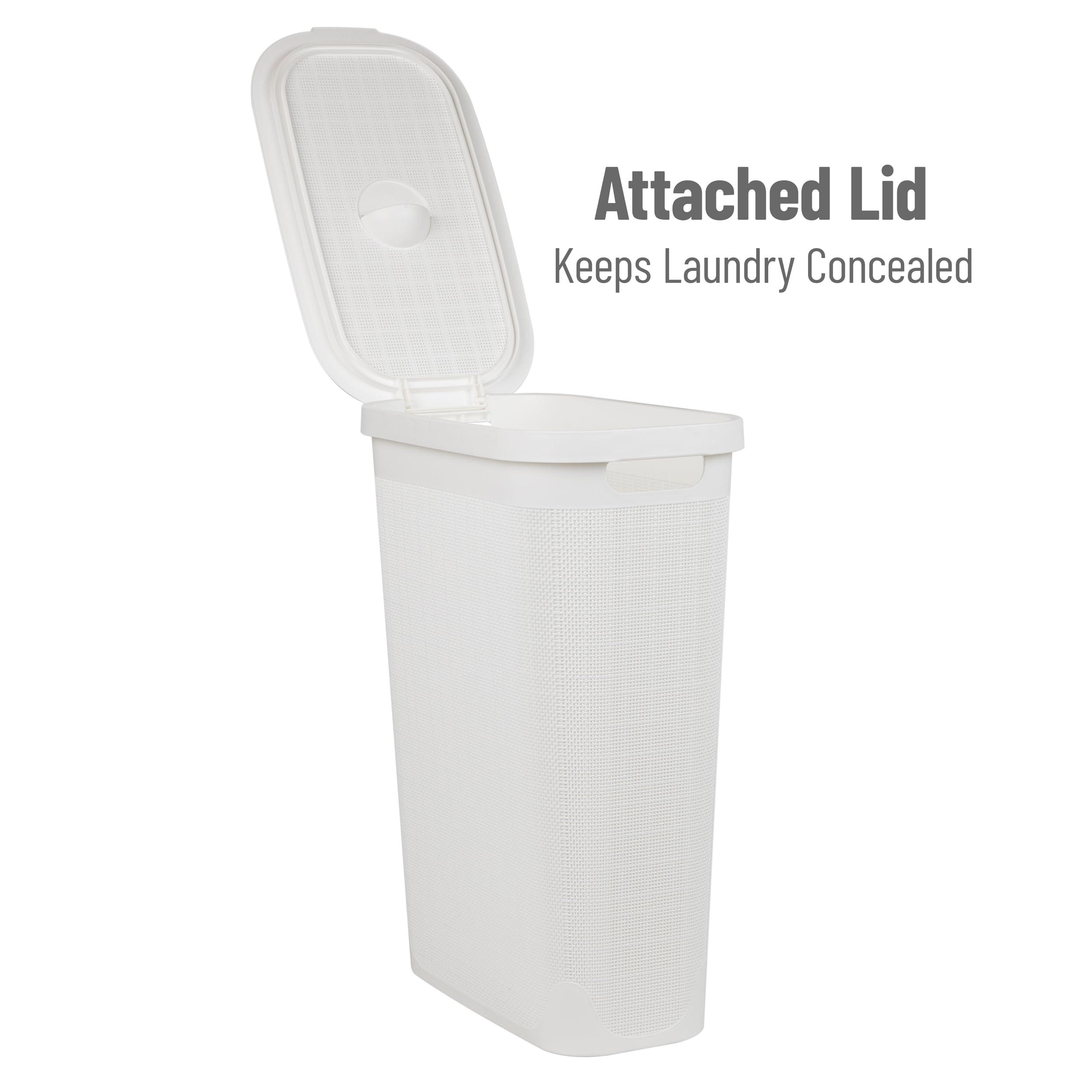 Mind Reader 40L Slim Laundry Hamper, Clothes Basket, Lid, Linen Design, Plastic, 18.5   L X 10.75   W X 23.5   H, White