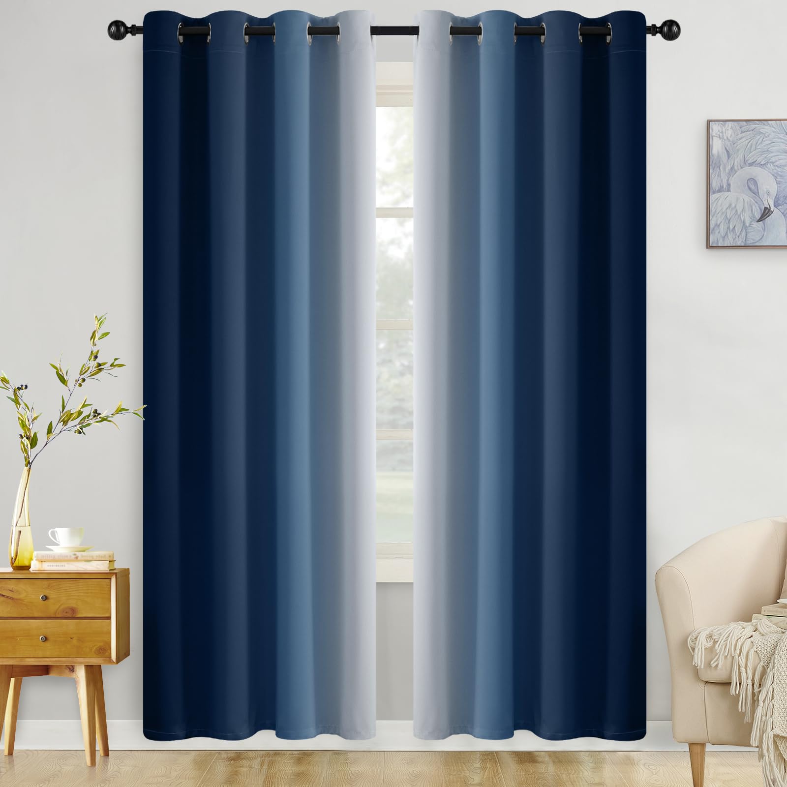 Cosviya Blackout Curtains & Drapes Ombre Navy Curtains 90 Inches Long 2 Panels, Room Darkening Light Blocking Grommet Gradient I