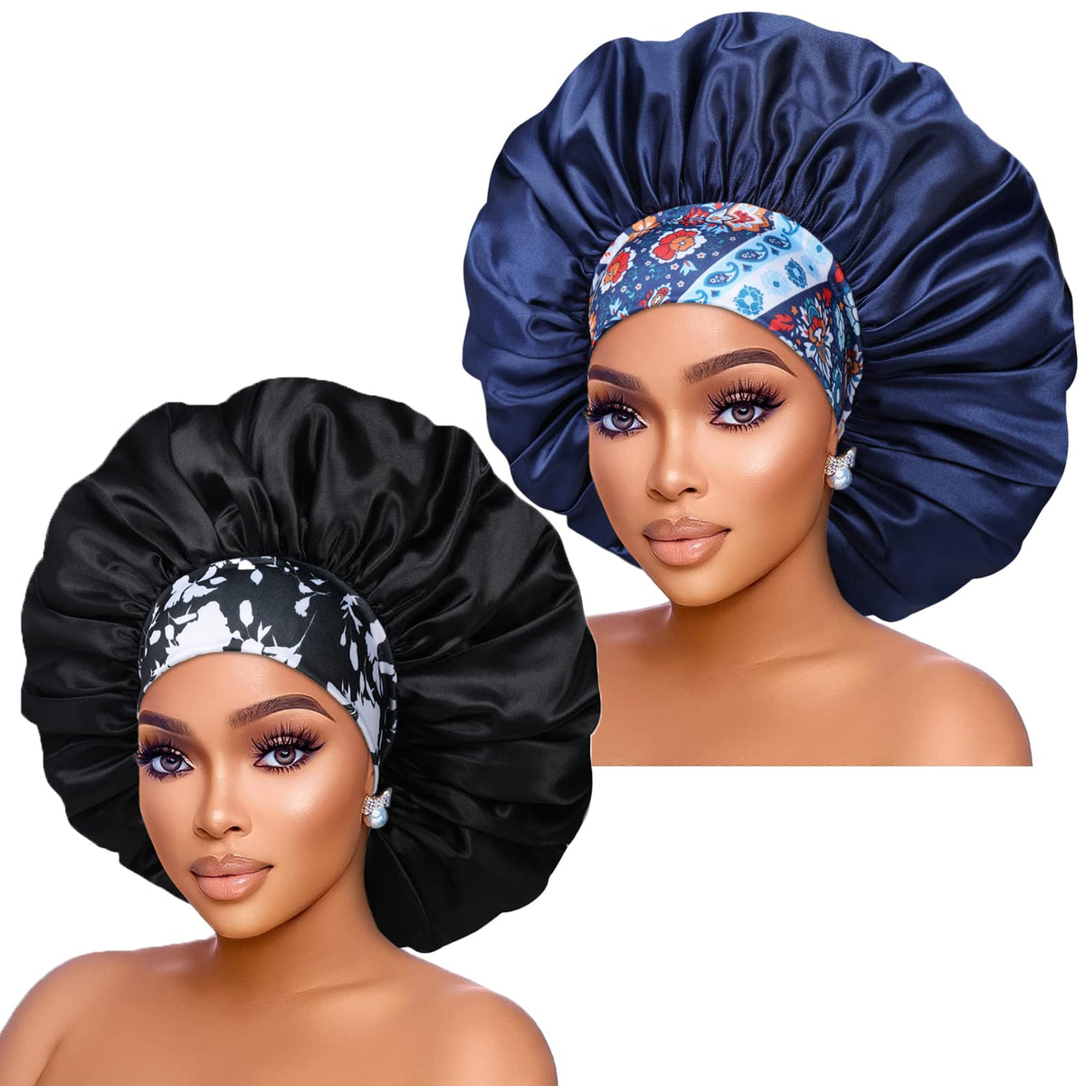 Silk Satin Bonnet Hair Cap: 2pcs 17inch Diameter Extra Large Jumbo Sleeping Satin Bonnets with Comfortable Flower Band - High De