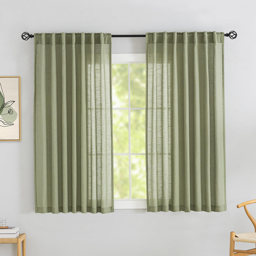 Donren Sage Green Linen Back Tab Curtains 72 Inches Long 2 Panels Set For Guest Room - Modern Country Rod Pocket Semi Sheer Privacy Drapes Hooks Belt Pleated Light Filtering Playroom Curtains