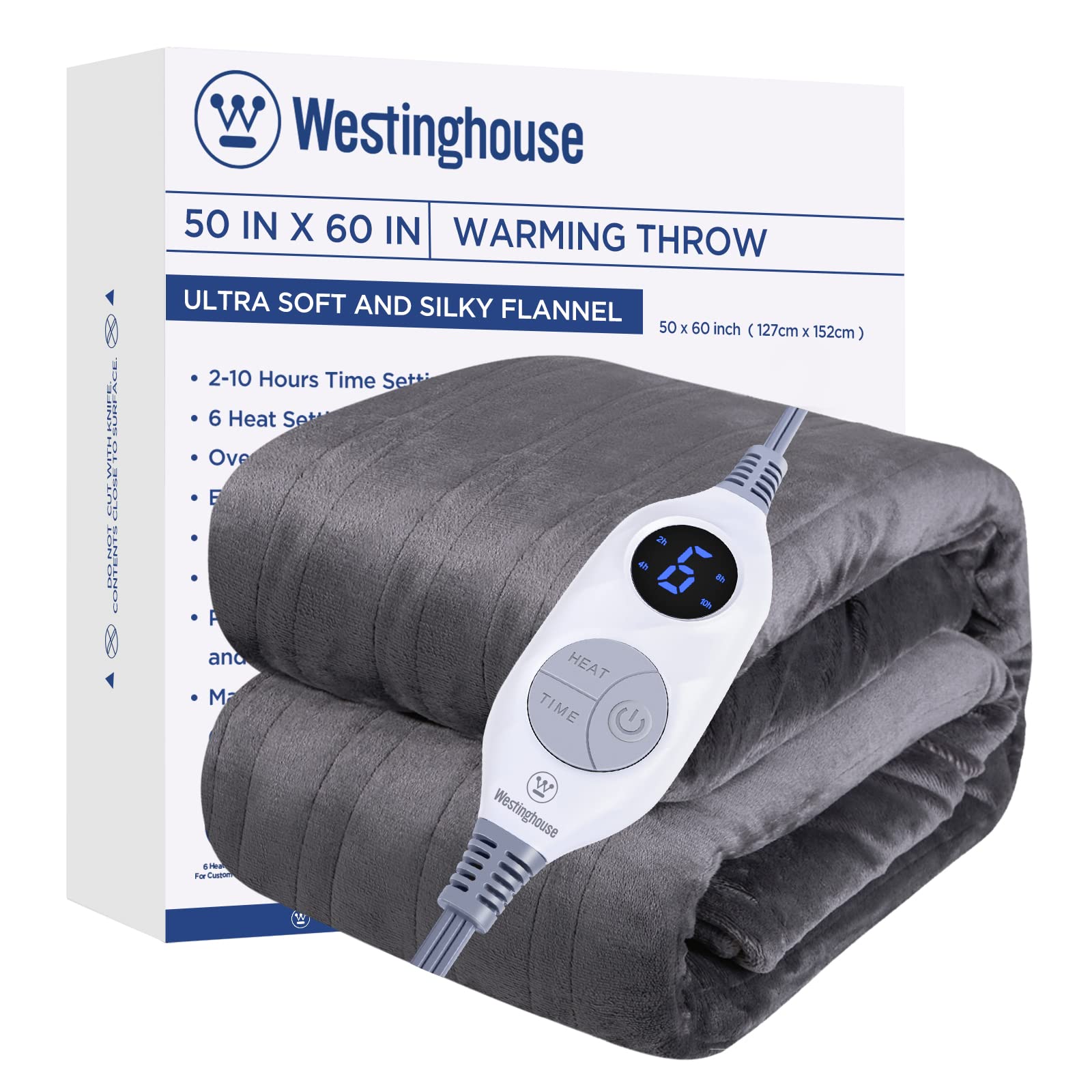 Westinghouse Electric Blanket Heated Throw, Super Cozy Soft Flannel 50'' x 60'' Heated Throw with 6 Fast Heating Levels & 2-10 A