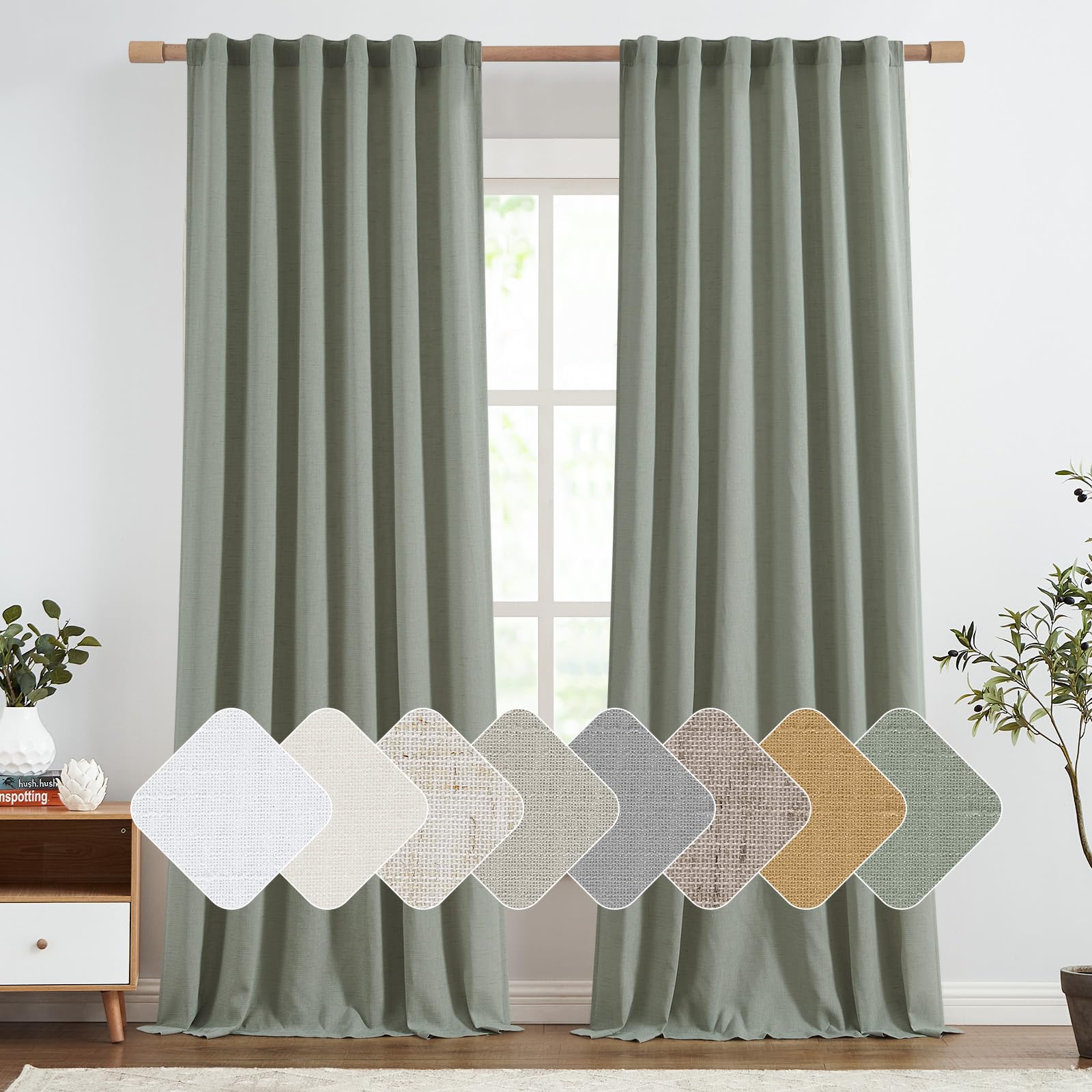 Jinchan Linen Blend Curtains 96 Inches Long For Living Room Farmhouse Rod Pocket Back Tab Light Filtering Window Drapes For Bedroom Curtains Green 2 Panels