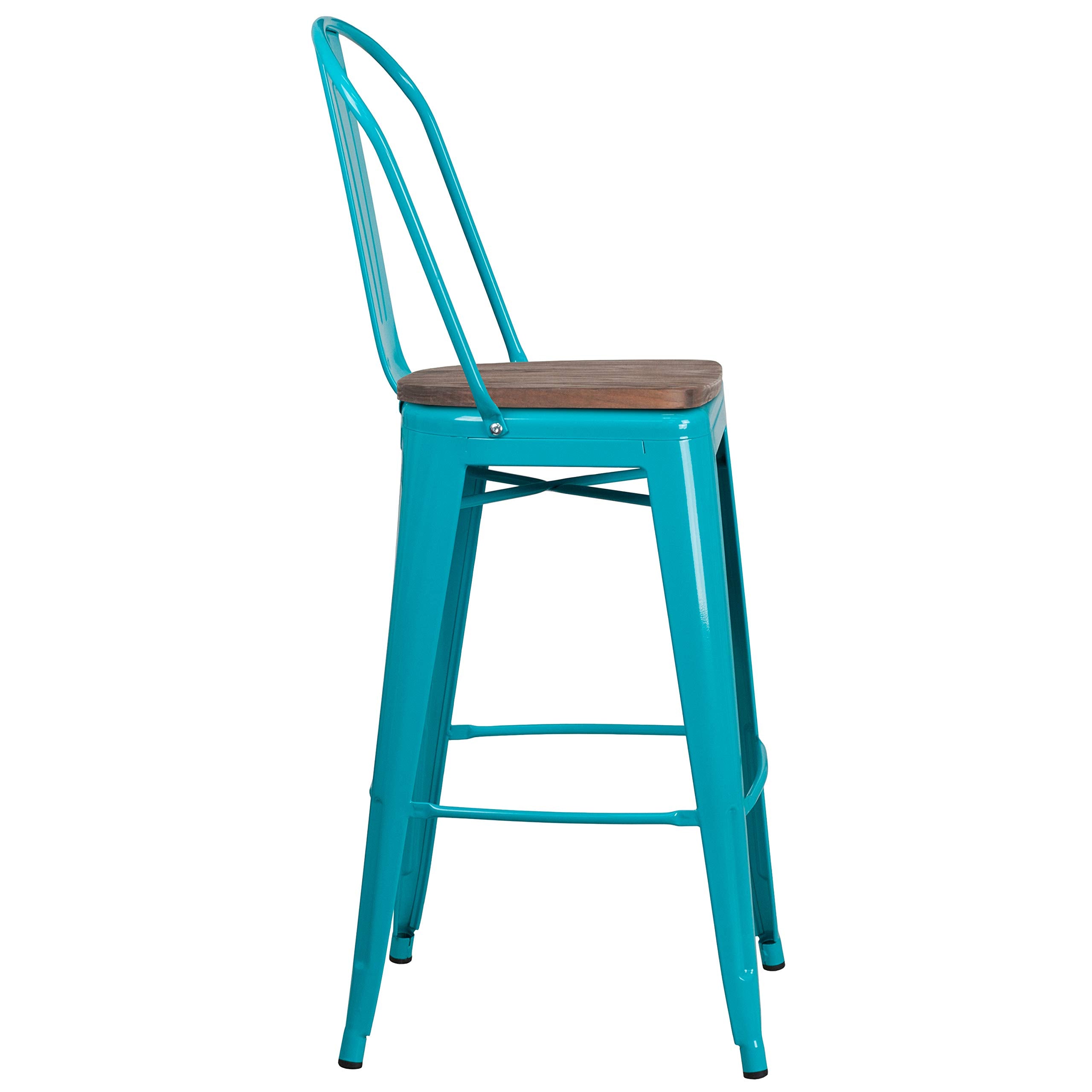 Flash Furniture 30' High Crystal Teal-Blue Metal Barstool With Back And Wood Seat