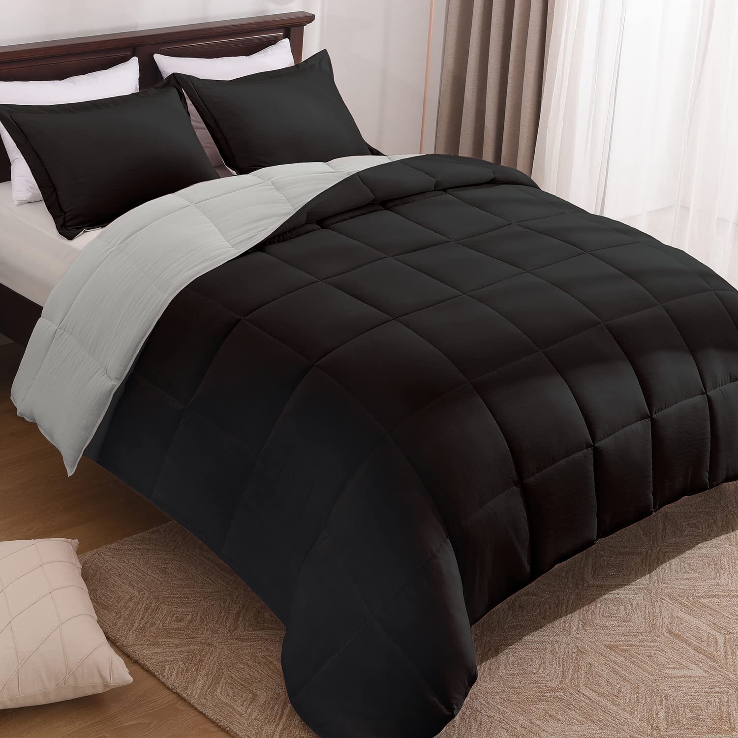 Basic Beyond Queen Comforter Set - Fluffy Comforter Queen Set For All Seasons - Reversible Black And Grey Queen Comforter Set For Mens - 3 Pieces (1 Comforter + 2 Pillow Shams)