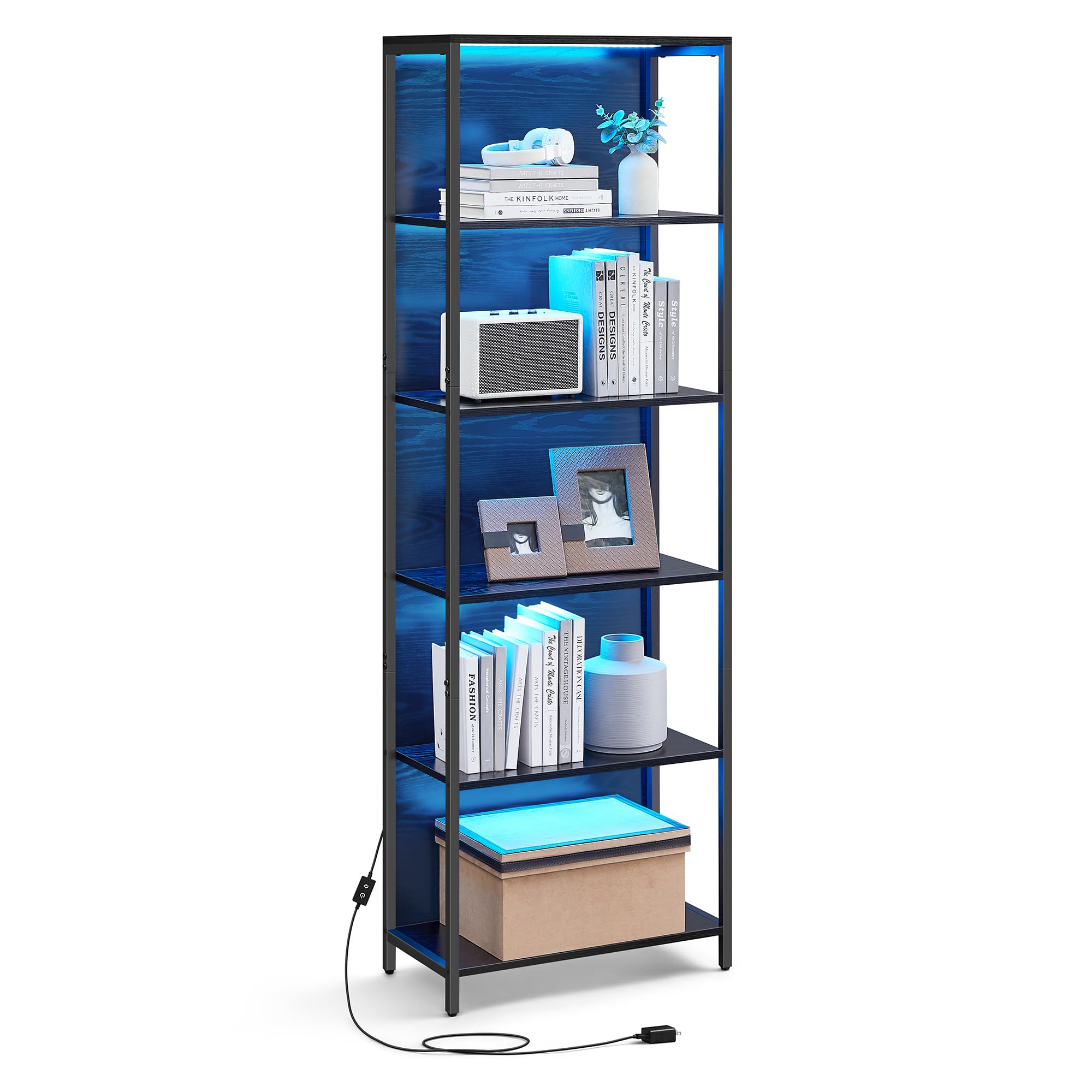VASAGLE 6-Tier LED Bookshelf, Display Shelf with Dimmable Lights, LED Bookcase with Steel Frame, 11.9 x 23.6 x 70.3 Inches, for 