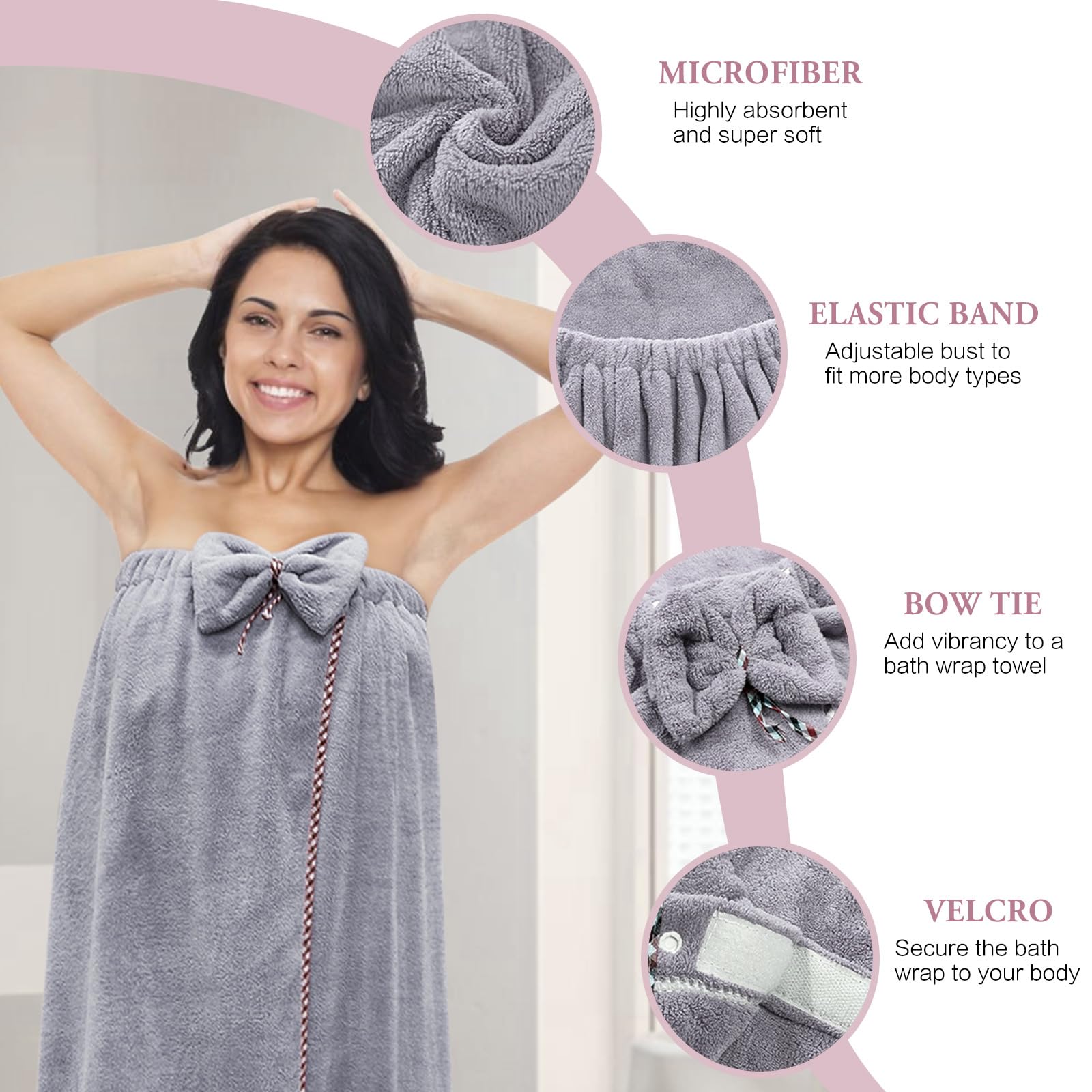 Koikey Women Bath Wrap Hair Towel - Adjustable Luxury Microfiber Soft Towels For Shower After Body Cover, Super Absorbent To Qui