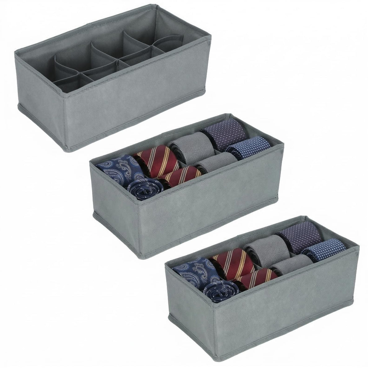 3 Pack Tie Organiser for Drawer, 8 Compartment Fabric Storage Boxes, Foldable Wardrobe Drawer Organiser for Ties, Belts, Socks, 