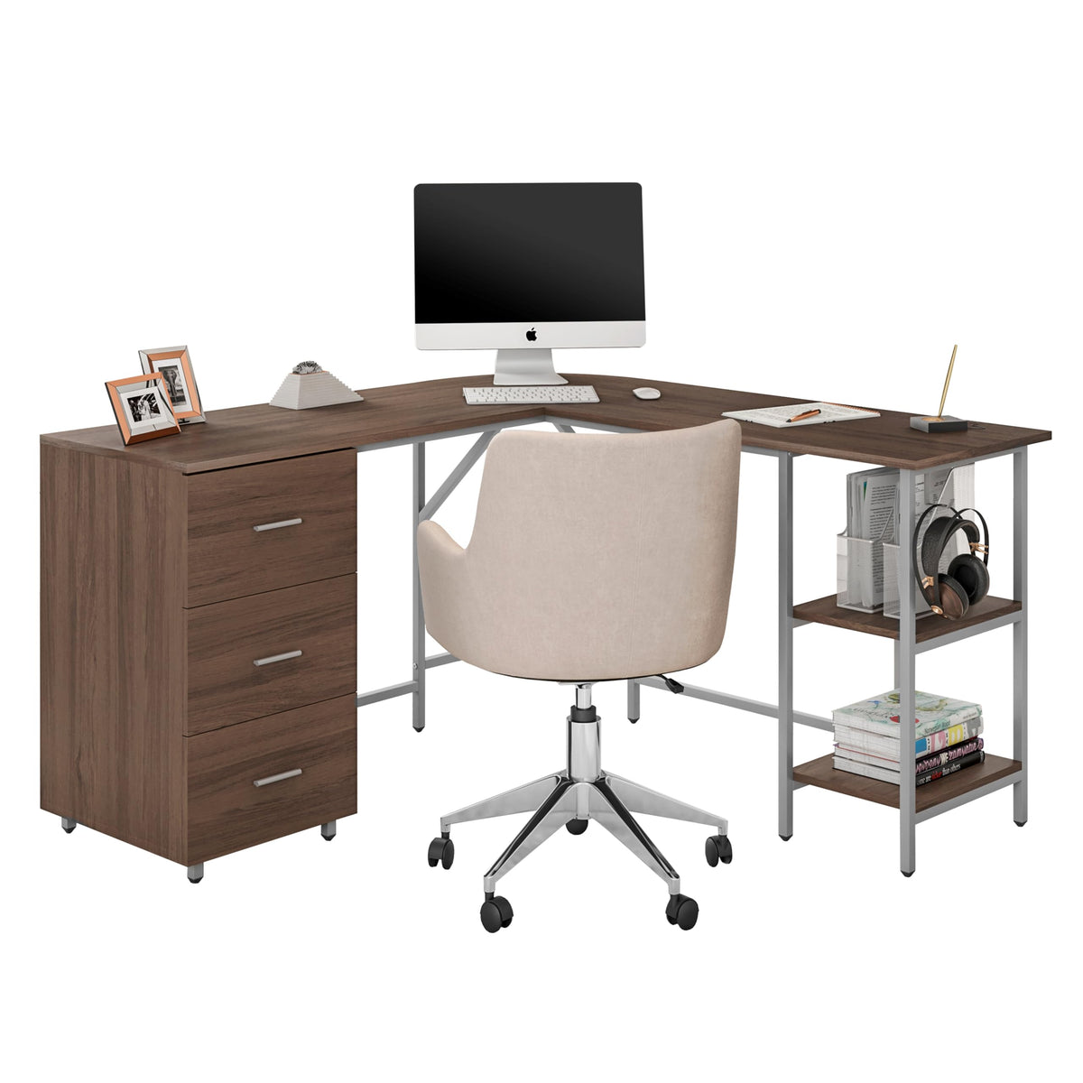 Techni Mobili L Shaped Desk - Two-Toned Computer Desk With Drawers & Storage Shelves - Simple Modern Furniture & Home Office Space Corner Table For Work & Writing