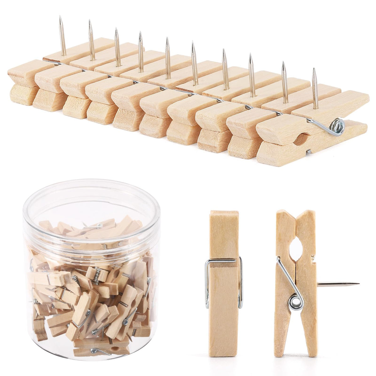 60Pcs Push Pin With Wooden Clips Durable Wooden Push Pins For Cork Board Artworks Notes Photos, Craft Projects, Offices And Home