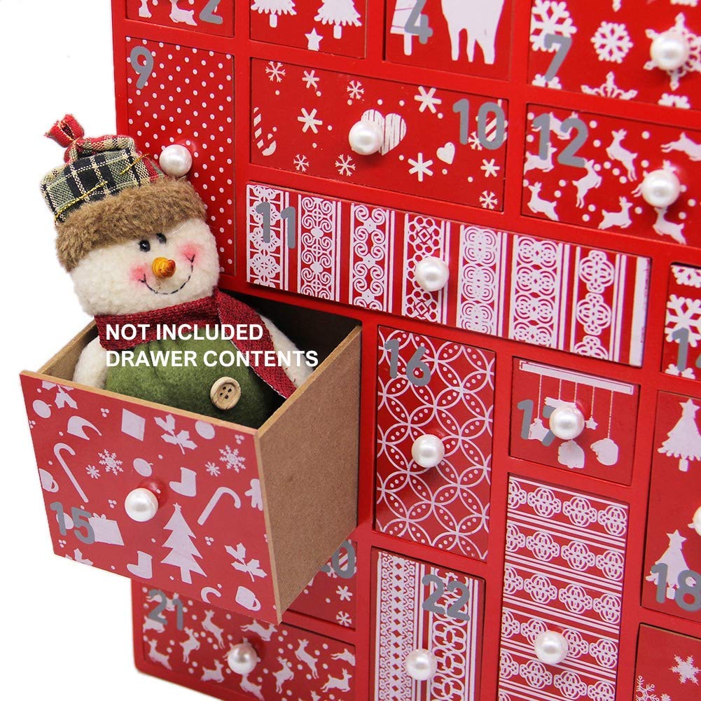 Juegoal Red Advent Calendar With 24 Drawers Countdown To Christmas, Refillable Wooden Advent, 15 Inches Tall
