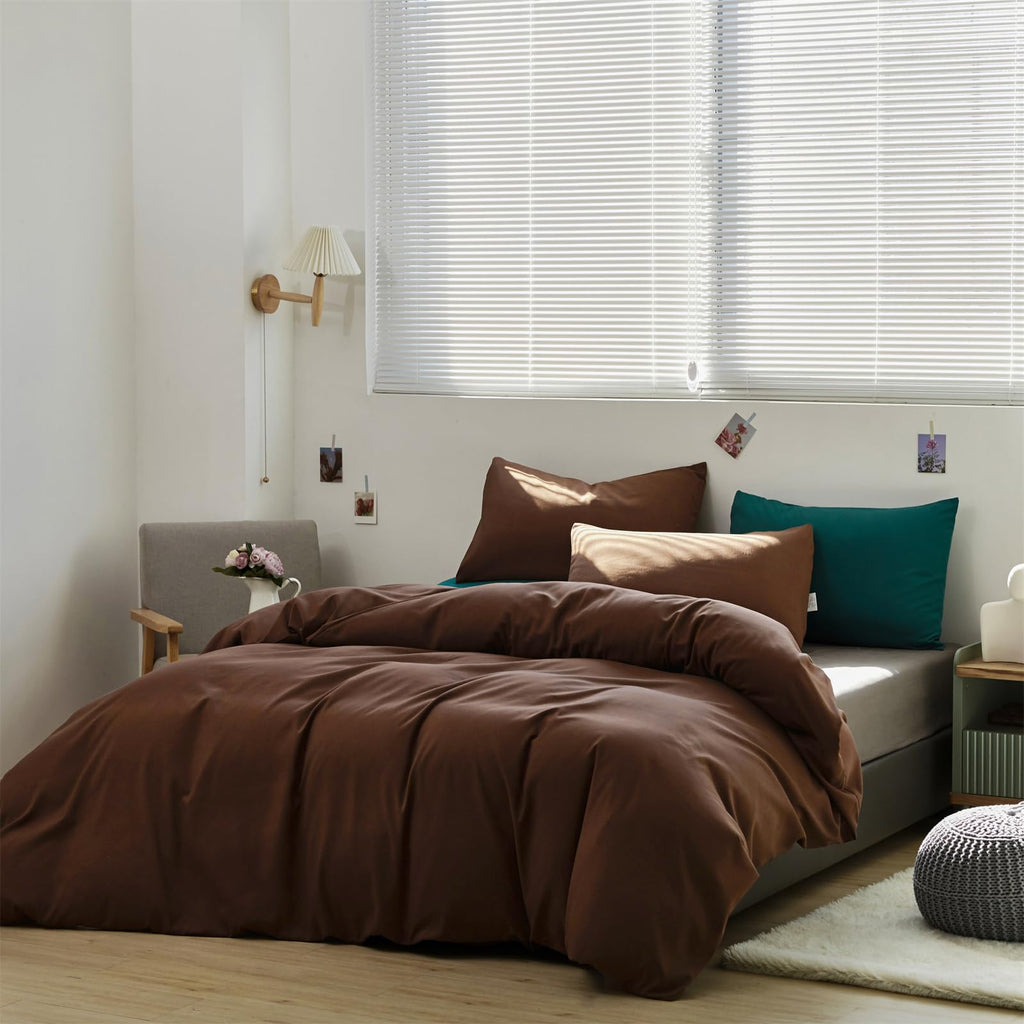 Karever Brown 3Pcs Bedding Set (Twin) - Chestnut Brown Comforter, Solid Pattern, All Season, Cotton Surface, Lightweight, Fade-R
