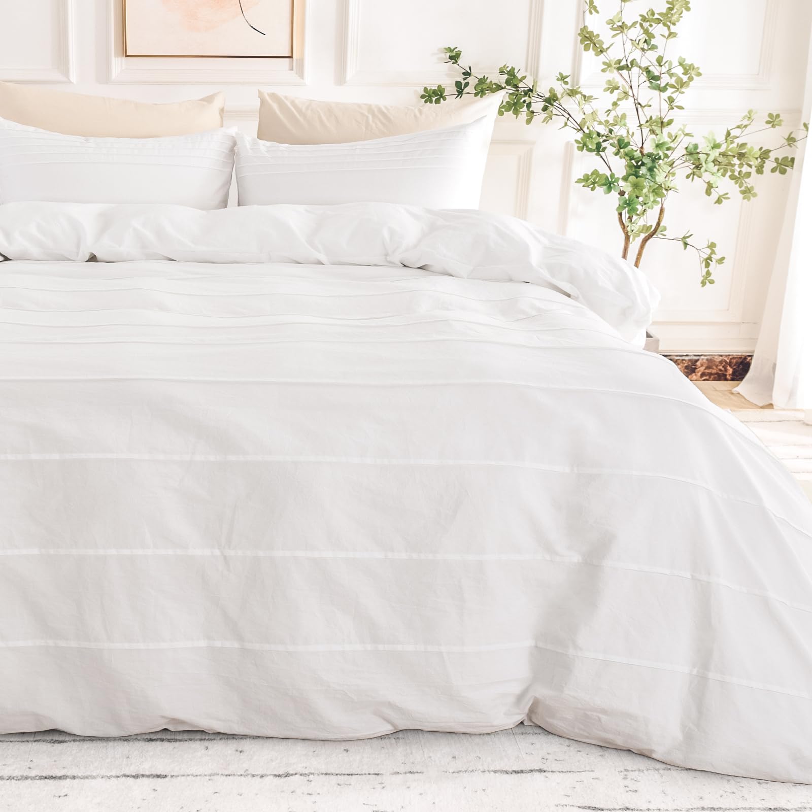 Nexhome Pro 100% Organic Cotton Duvet Cover Queen Size, Linen Like Pleated Textured White Duvet Cover Set, 3Pc Bedding Set With