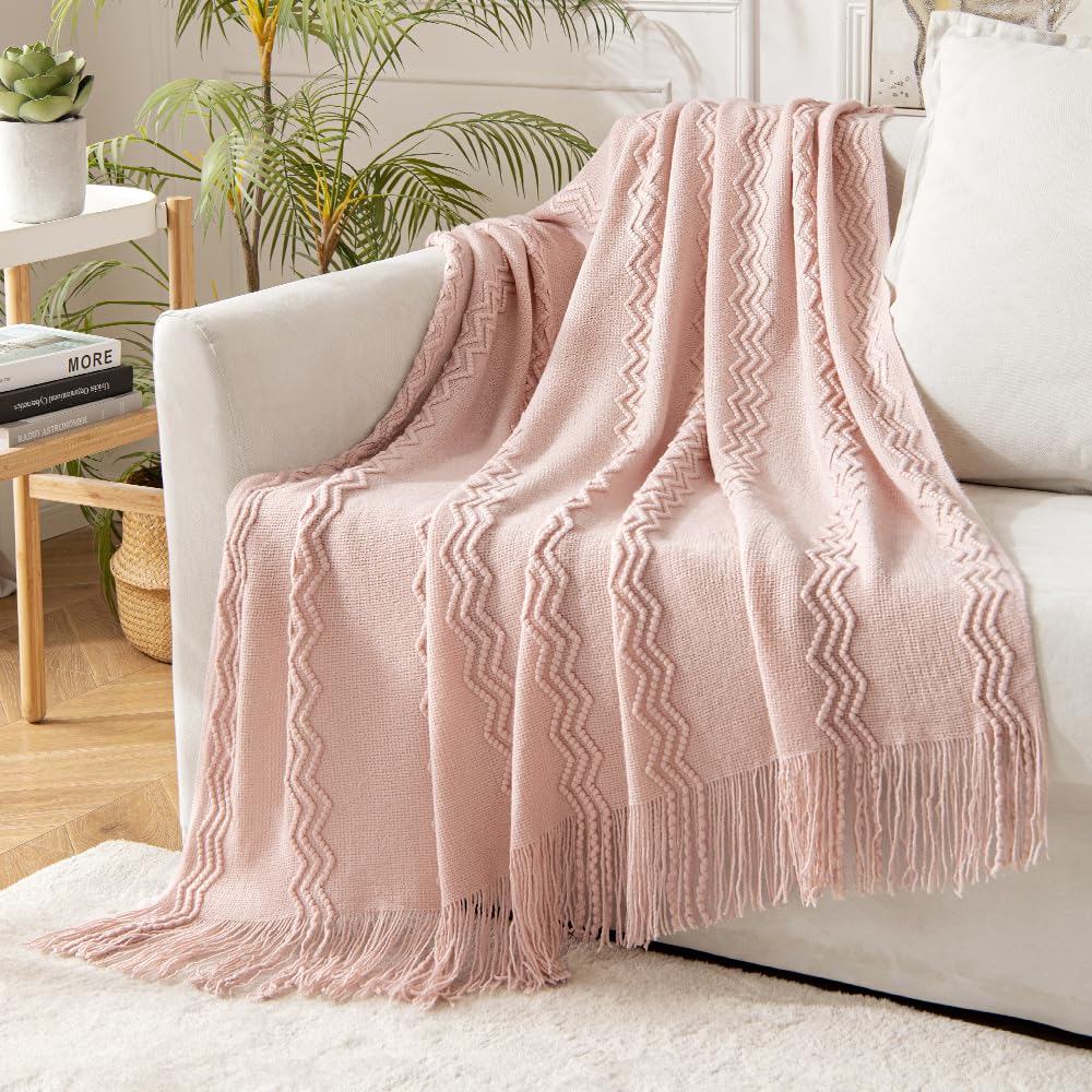 Miulee Light Pink Knitted Throw Blanket For Couch Boho Textured Cozy Woven Blanket With Tassels For Sofa Chair Bed Living Room Acrylic Wave Pattern 50'X60' Valentines Day Decor