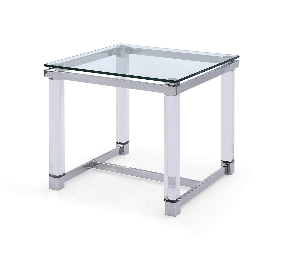 HomeRoots Furniture Side Table, 10 mm Tempered Clear Glass Top, Polished Stainless Steel Frame, Acrylic Legs. (320905)