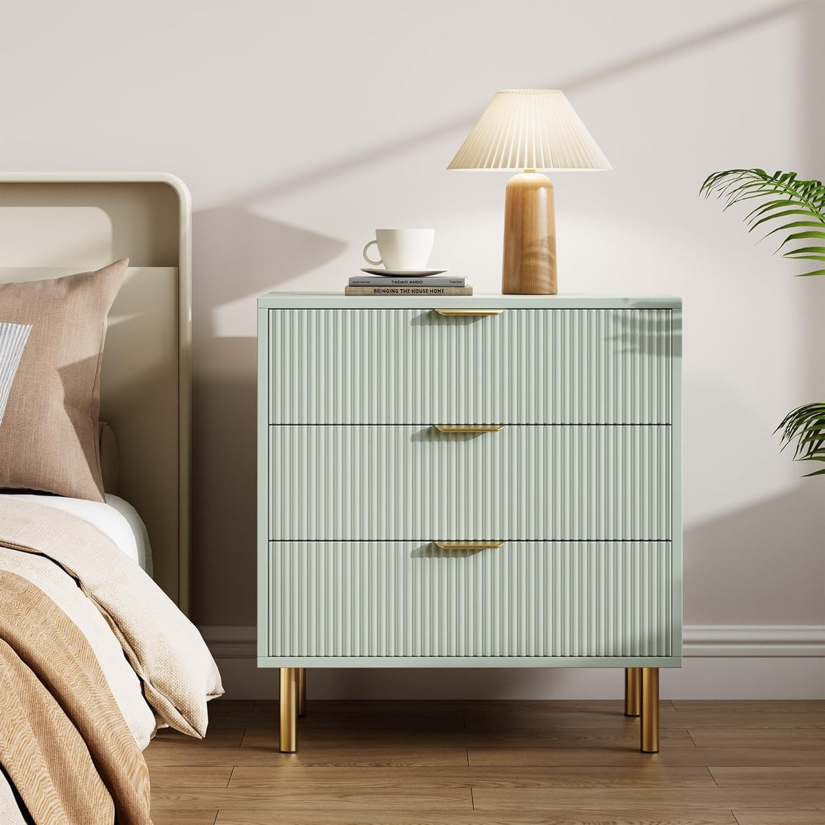 Garveehome Green 3 Drawer Dresser For Bedroom, Large Nightstand Chest Of Drawers, Modern Wood Storage Dresser Organizer With Gol