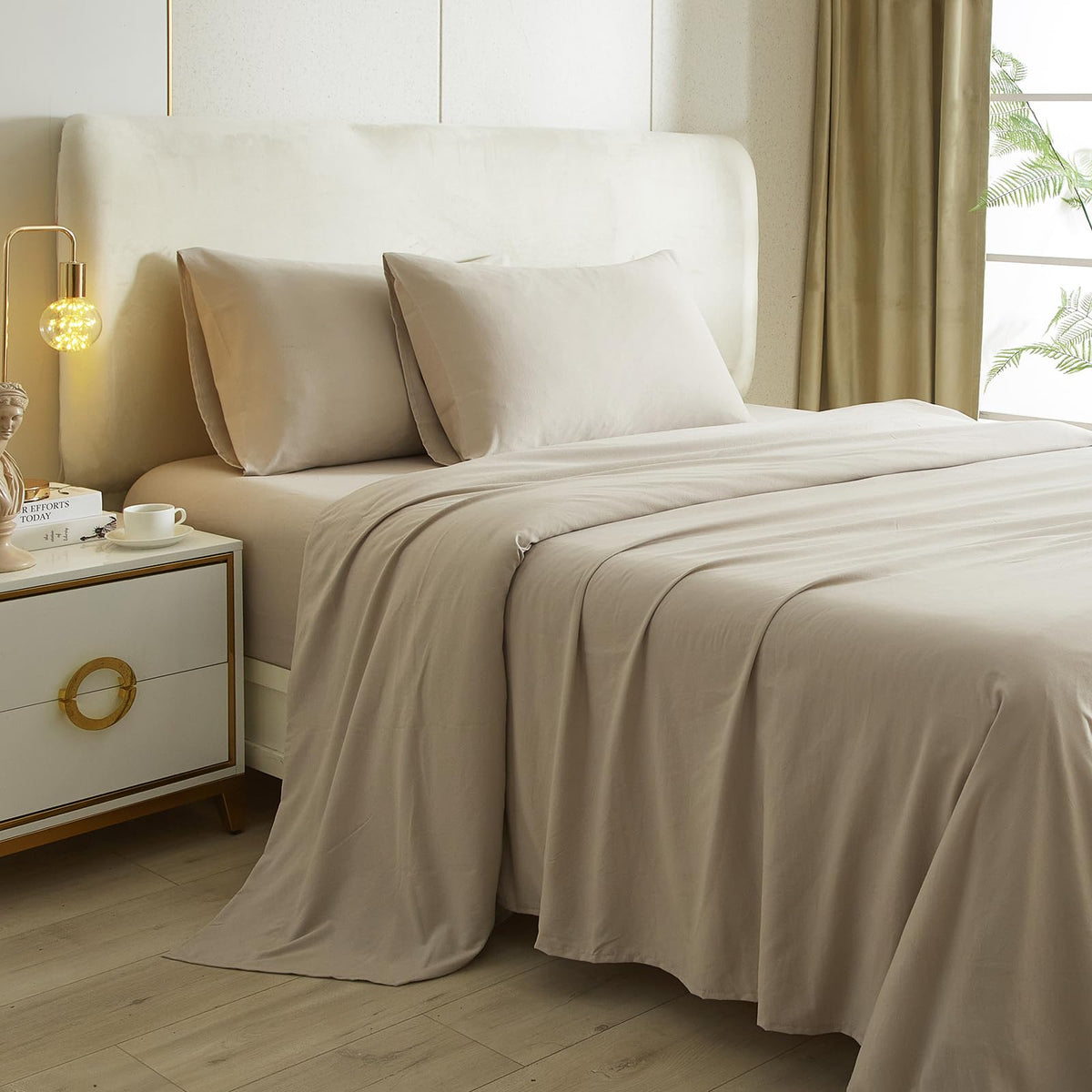 Highbuy Beige Full Size Sheet Set Extra Soft Deep Pocket Sheets Set,4 Piece Bed Fitted Sheets Fit 16 Mattress,Wrinkle,Fade,Stain
