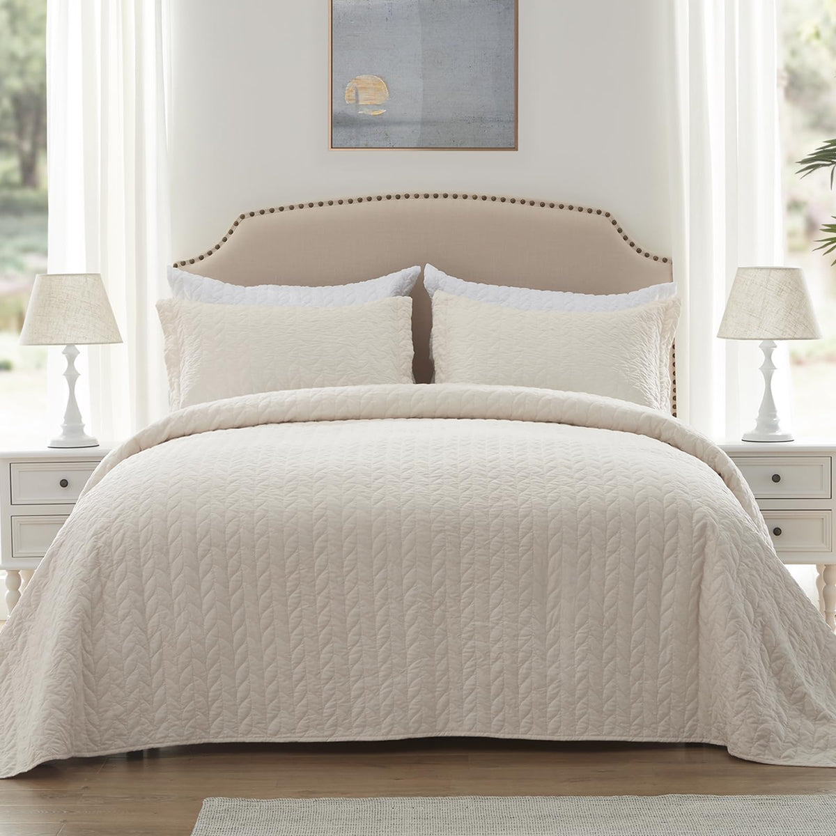 Sunstyle Home Quilt Set Twin Beige Lightweight Bedspread Soft Reversible Coverlet For All Season 2Pcs Leaf Embroidered Quilted B