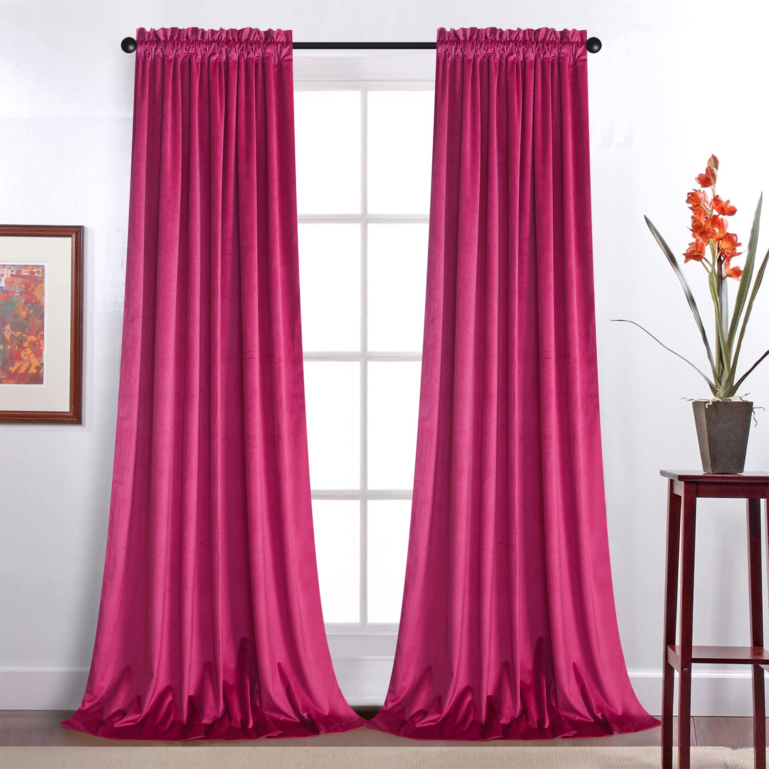 Roslynwood Velvet Curtains 96 inches Long - Home Decor Berry Curtains Drapes for Living Room, Blackout Thermal Insulated Window 