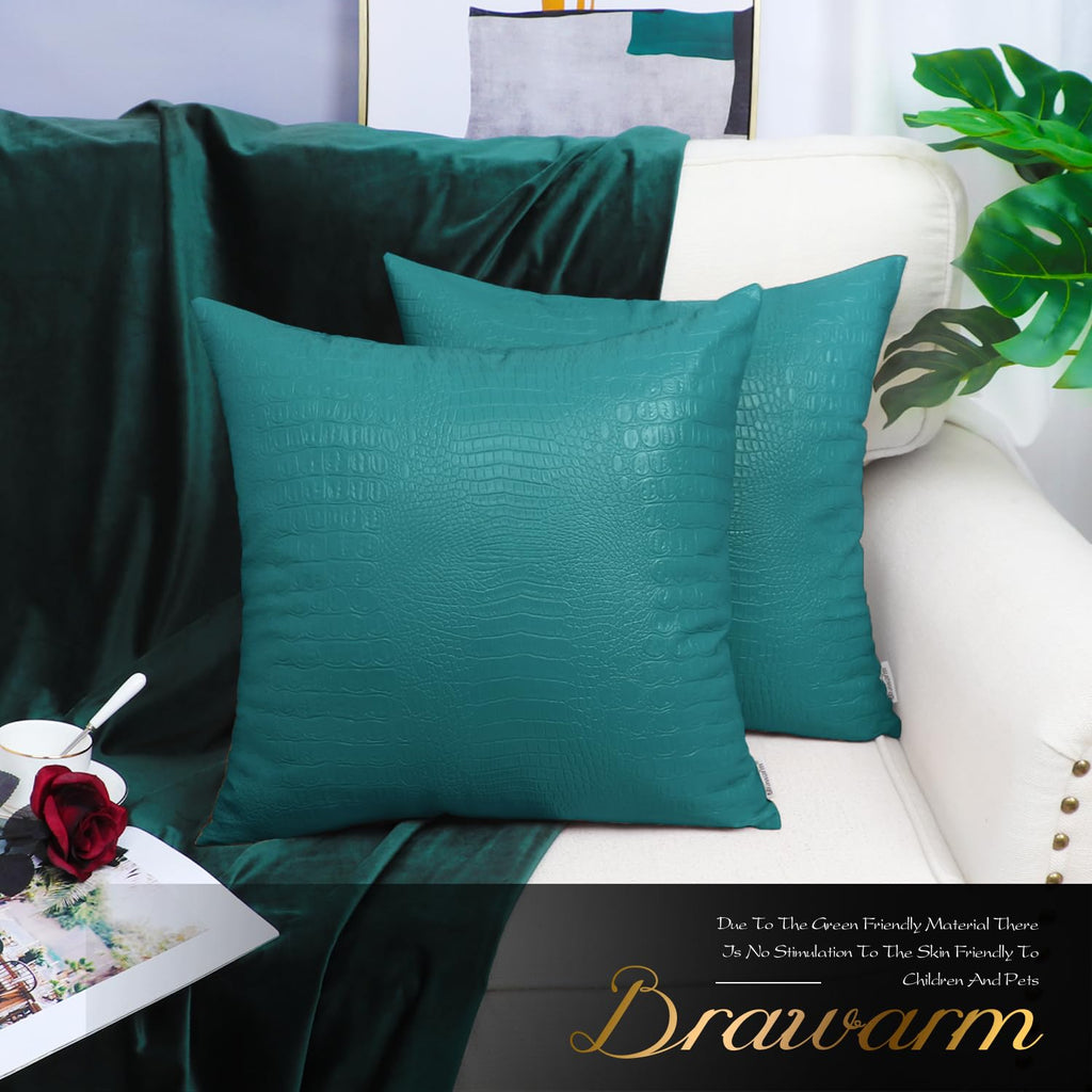 Brawarm Faux Leather Pillow Covers 20 X 20 Inches, Teal Leather Pillow Covers Pack Of 2, Crocodile Leather Decorative Throw Pill