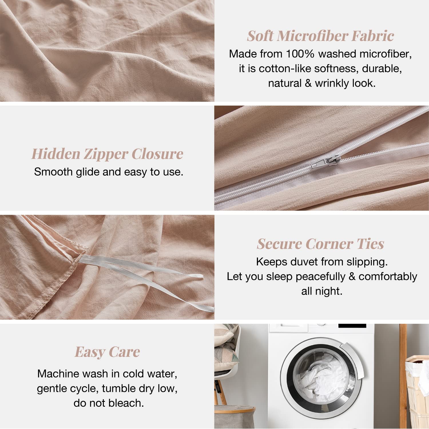 Mildly Super Soft Duvet Cover - 100% Washed Microfiber Rugby Tan Comforter Cover Set 3 Pieces With Zipper Closure & Corner Ties