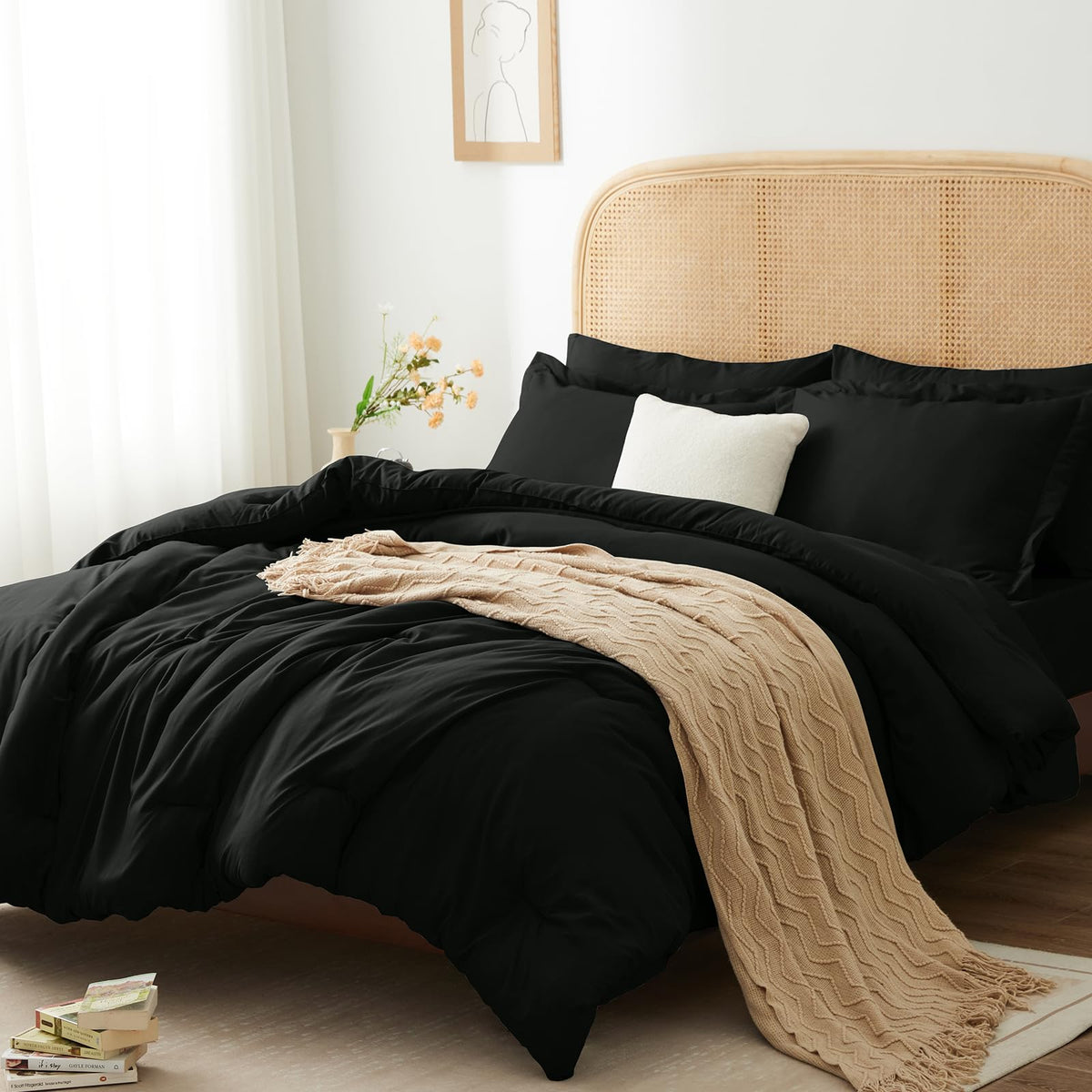 Himeet Queen Comforter Set -Black Bed In A Bag,Black Comforter 7 Pieces All Season,Black Comforter Queen With 1 Comforter,2 Pill
