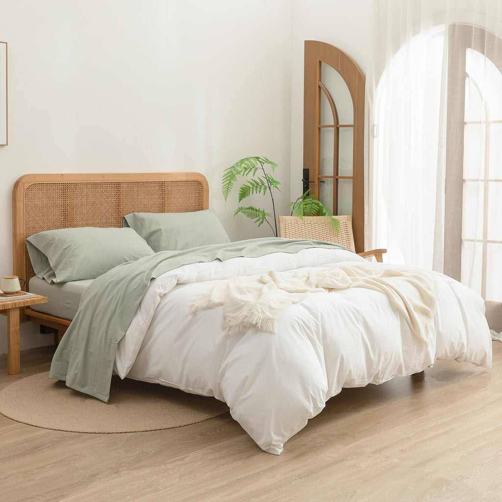 Bestouch Sheet Set 100% Washed Cotton Linen Feel Super Soft Comfortable Chic Lightweight 4 Pcs Home Bedding Set Solid Sage Green