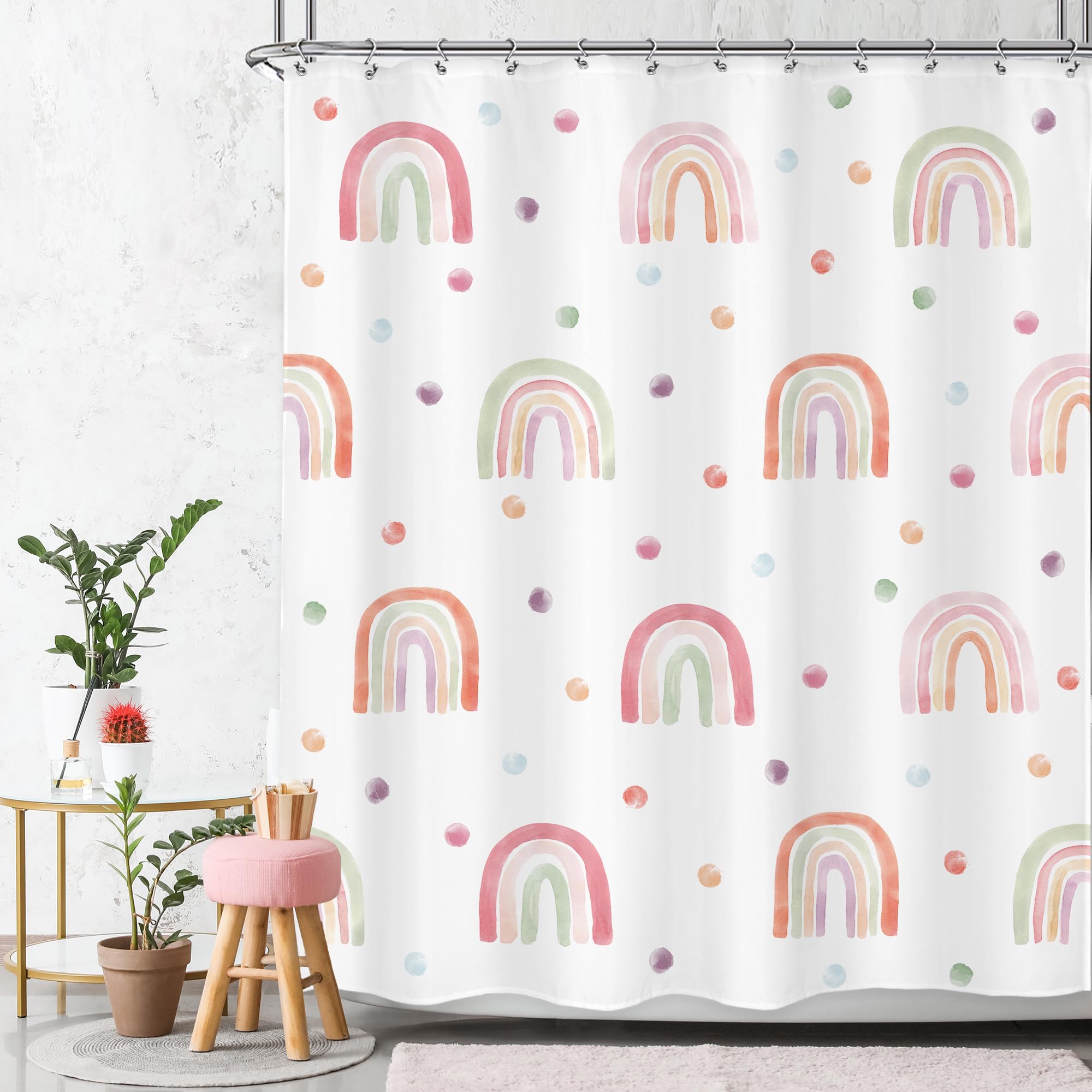 Ufeela Kids Rainbow Shower Curtain For Girls, Boho Pink Polka Dot Shower Curtain, Cute Girly Toddler Nursery Child Bathroom Set