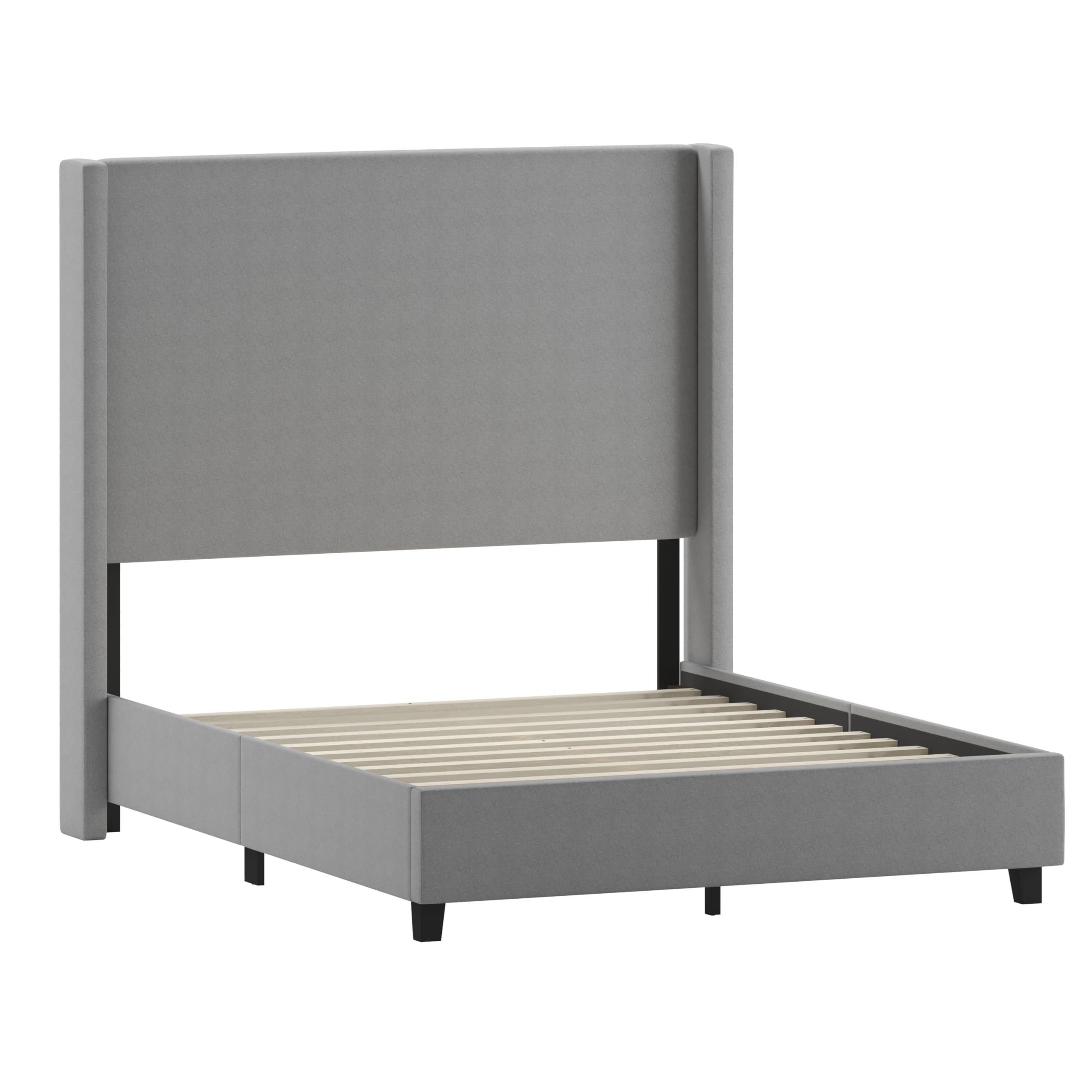 Flash Furniture Quinn Upholstered Platform Bed - Gray Channel Stitched Wingback Headboard - Full - Mattress Foundation with Slatted Supports - No Box Spring Needed