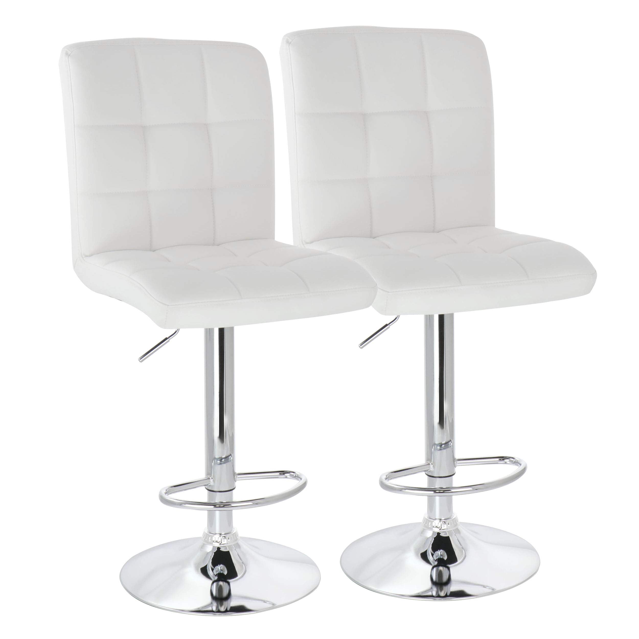 Elama Modern Square Tufted Faux Leather Adjustable Bar Stool in White with Swivel Chrome Base (Set of 2) (Square Bar Stool)