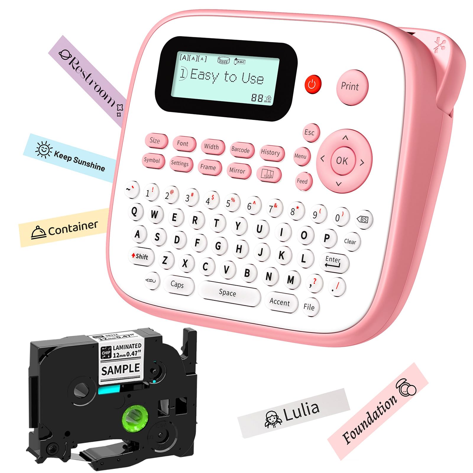 Eazeid Pink Label Maker Machine With Tapes, Portable Kids Label Maker, Qwerty Keyboard Labeler Handheld, D210S Easy Labeler With