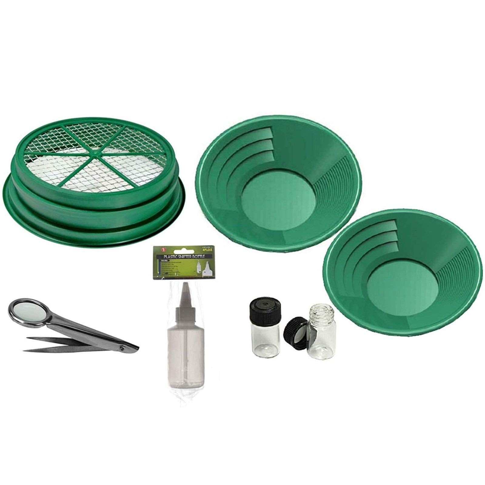 Asr Outdoor 7Pc Gold Prospecting Kit 1/4 Mesh Classifier, 14' & 10' Green Gold Pans, 2 Vials, Sniffer Bottle, Tweezers With Ma