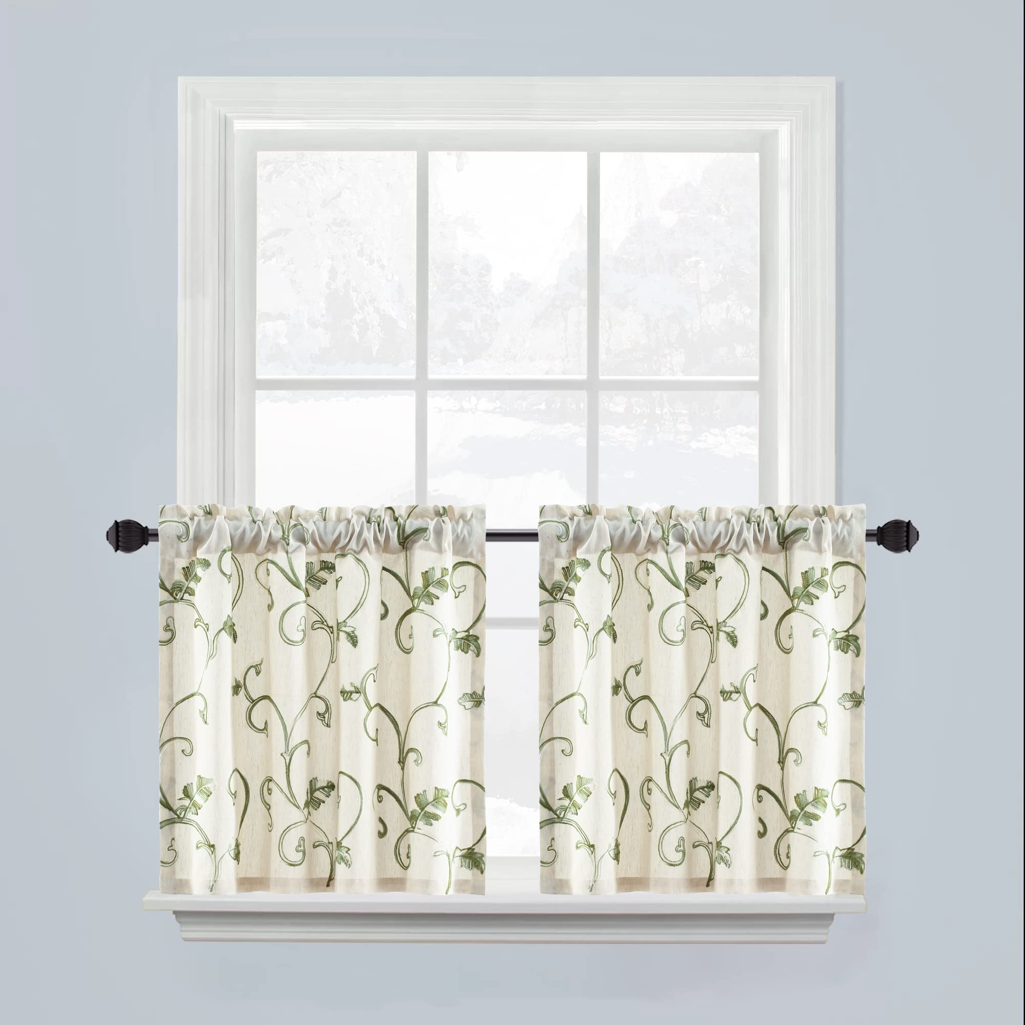 Vogol Tier Curtains 24 Inch Length, Green Leaf Botanical Embroidered Rod Pocket Curtains, Small Half Window Treatment For Kitche