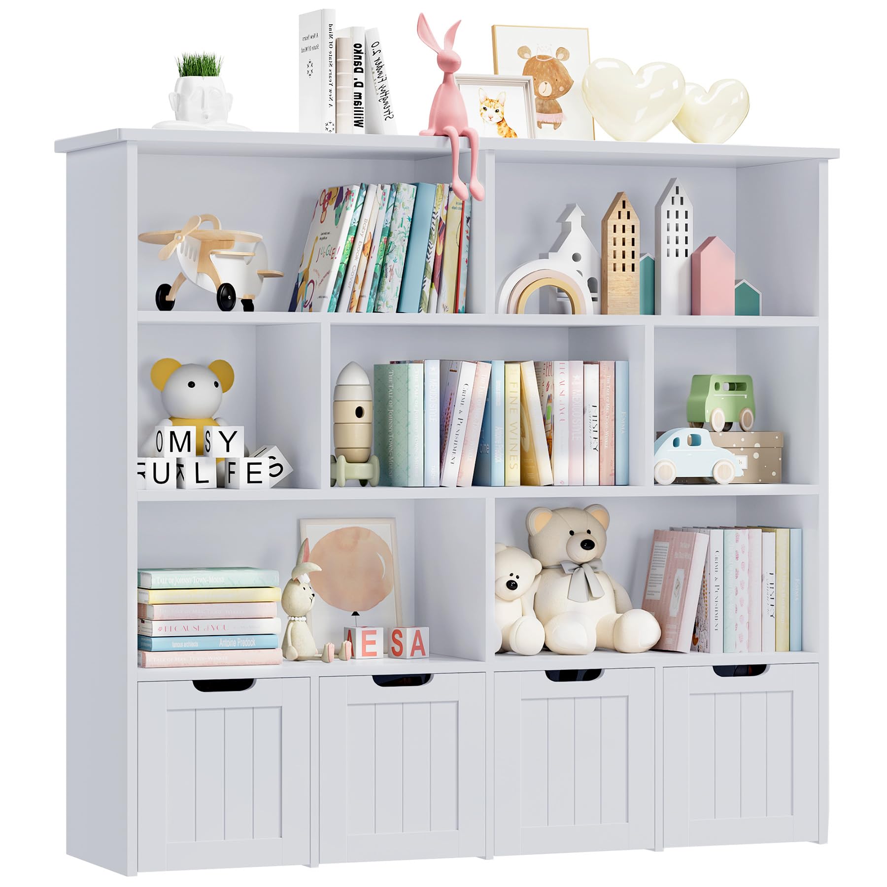 Finetones Toy Storage Organizer, Large Toy Organizers And Storage With 4 Movable Drawers And 7 Storage Cubbies, Toy Chest Shelf Organizer With Hidden Wheels, Kids Bookshelf And Toy Storage, Grey