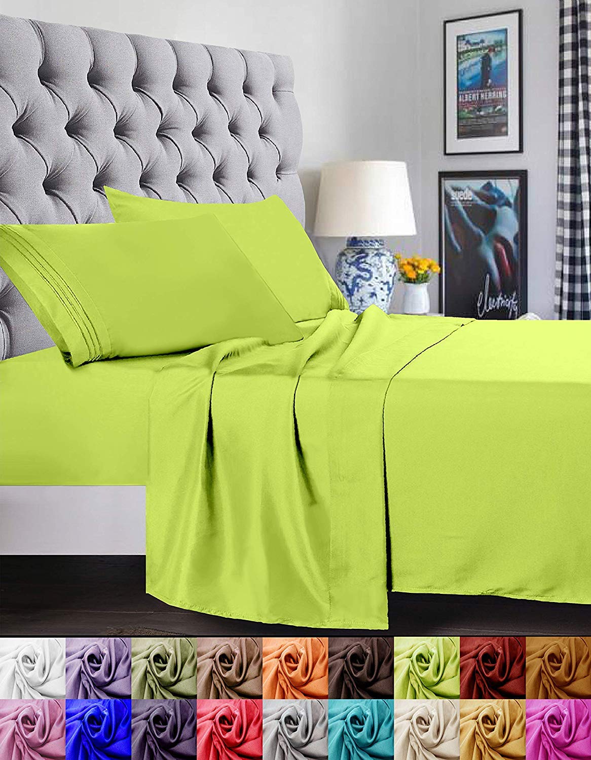 Elegant Comfort 1500 Premier Luxury Hotel Quality Super Soft Wrinkle Free And Fade Resistant 4-Piece Bed Sheet Set, Full, Lime-N