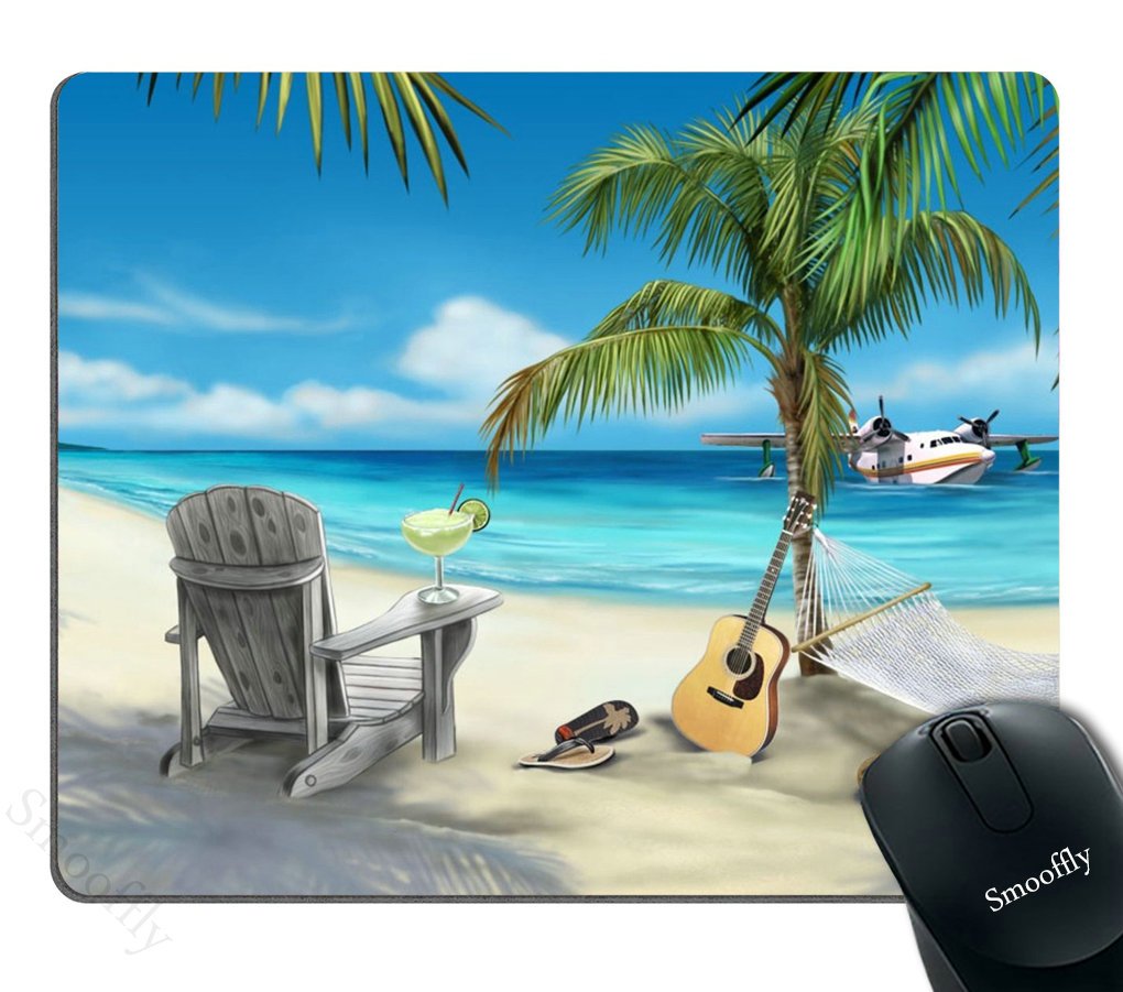 Smooffly Beaches Mouse Pad Custom,Island Animals Animated Paradise Island Guitar On The Beach Personality Gaming Mouse Pad